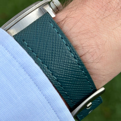 Florence teal Saffiano leather watch strap on the Tudor Blackbay 58. Watch And Strap.