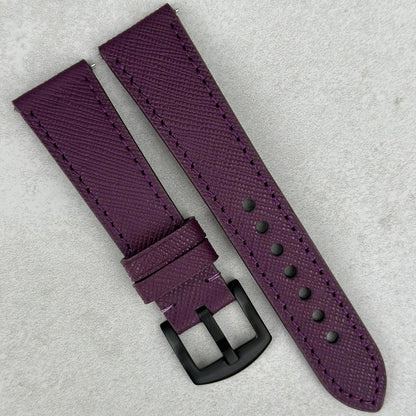Florence Royal Purple Saffiano leather watch strap. PVD Black 316L stainless steel. 18mm, 20mm, 22mm, 24mm. Watch And Strap.