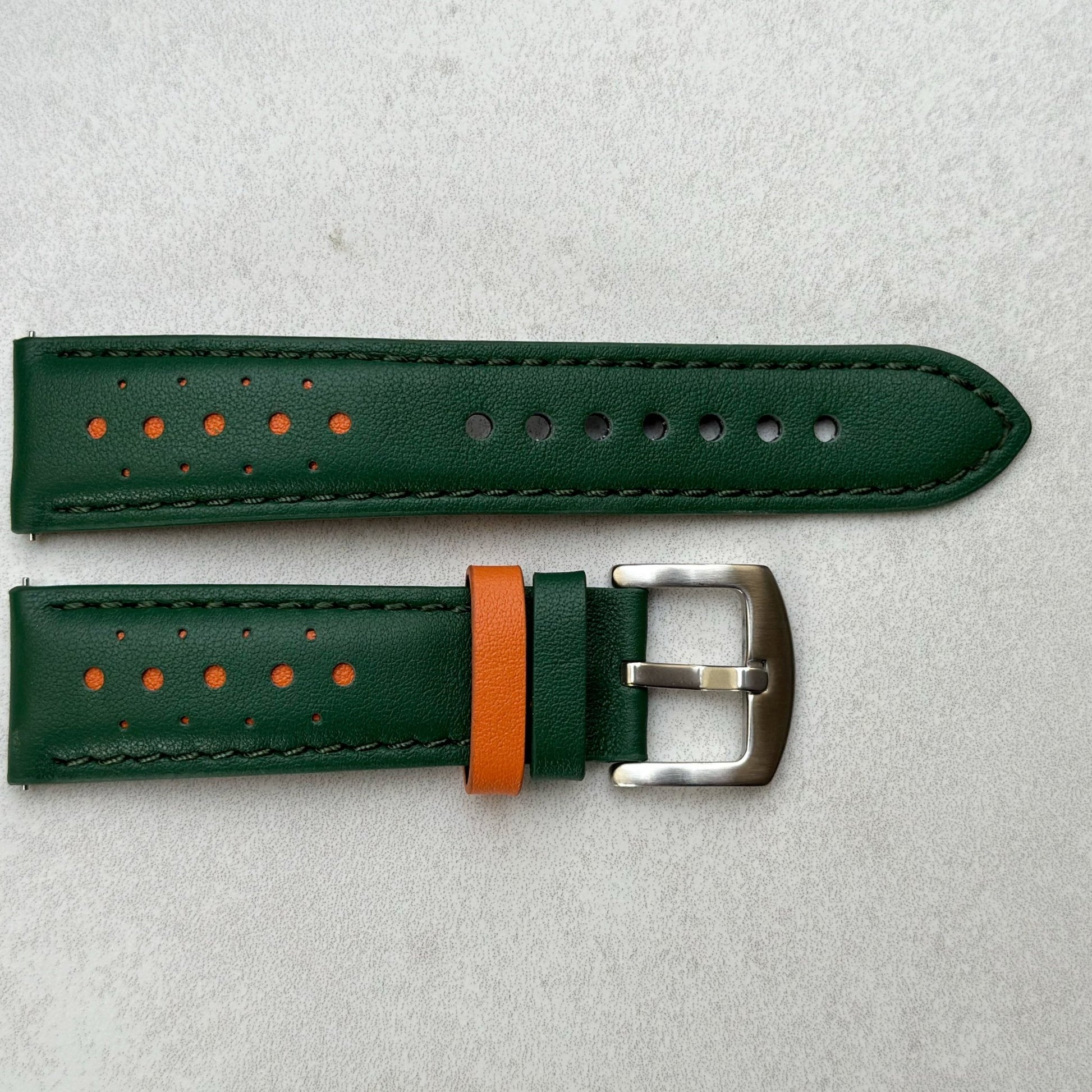 Le Mans green and orange full grain leather watch strap. Padded leather strap. 18mm, 20mm, 22mm and 24mm lug widths.