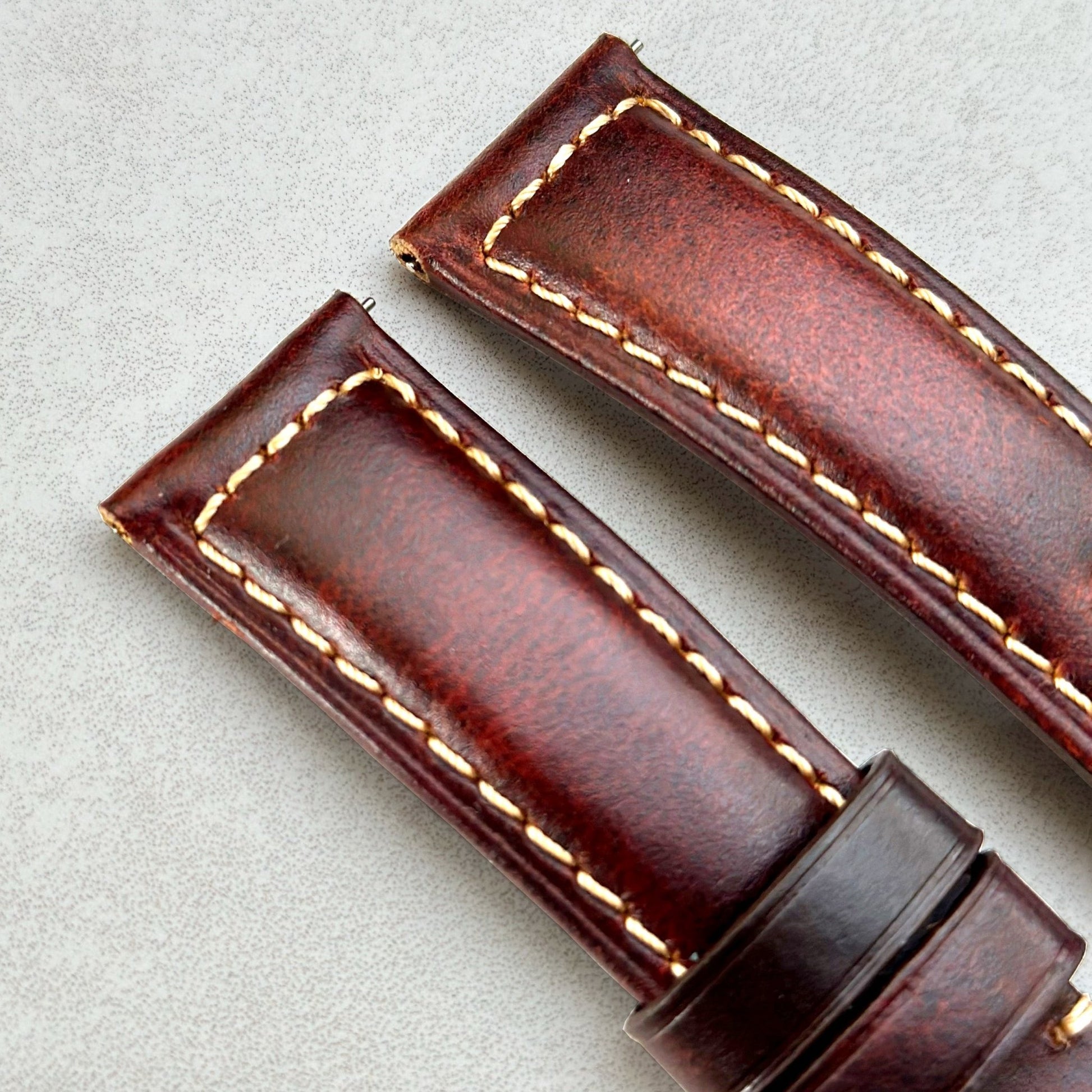 Padded leather watch strap. Brown leather strap. Contrast ivory stitching. Watch And Strap.