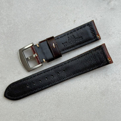 Rear of the Berlin brown full grain leather watch strap. Watch And Strap logo. Quick release pins. 18mm, 20mm, 22mm, 24mm.