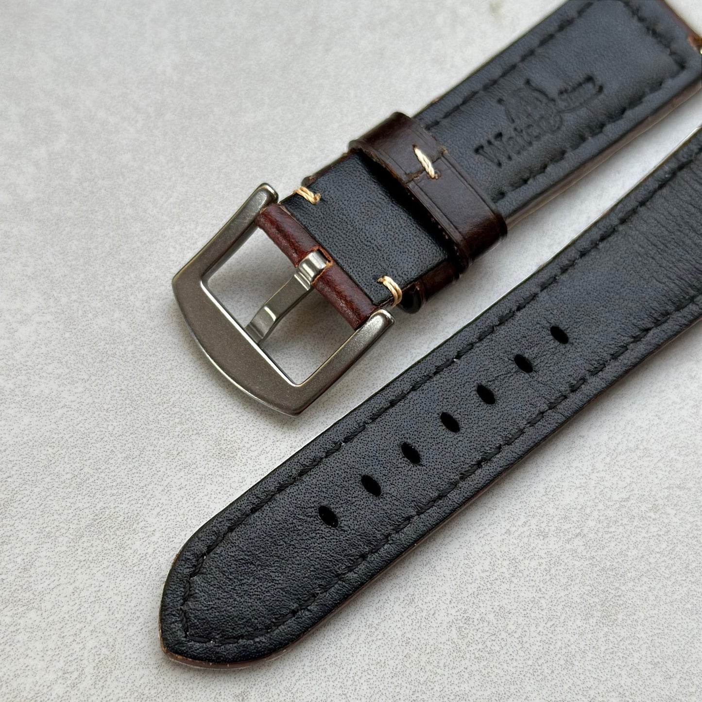 Underside of the Berlin brown full grain leather watch strap. Brushed 316L stainless steel buckle. Watch And Strap.