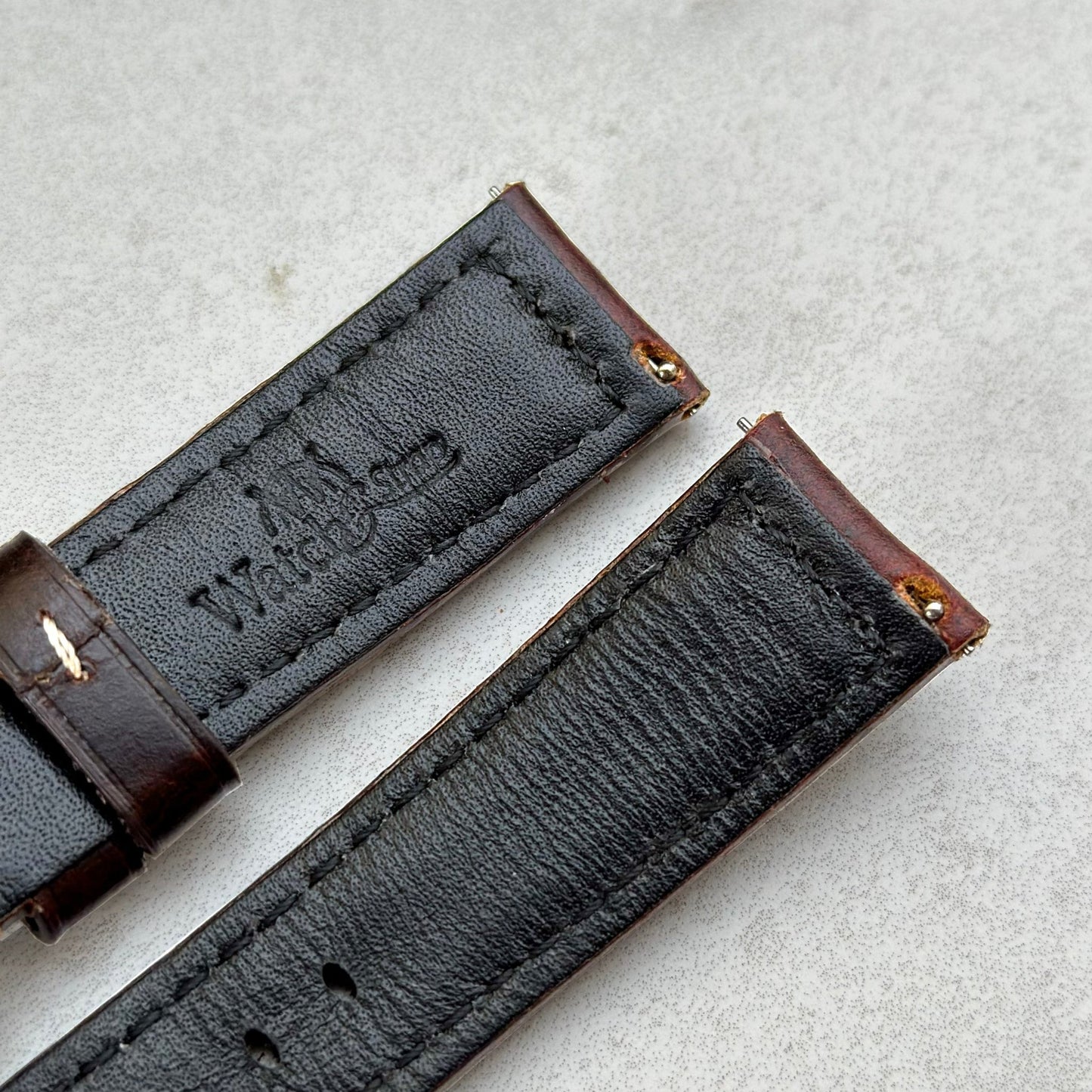 Quick release pins on the Berlin brown full grain leather watch strap. Watch And Strap.