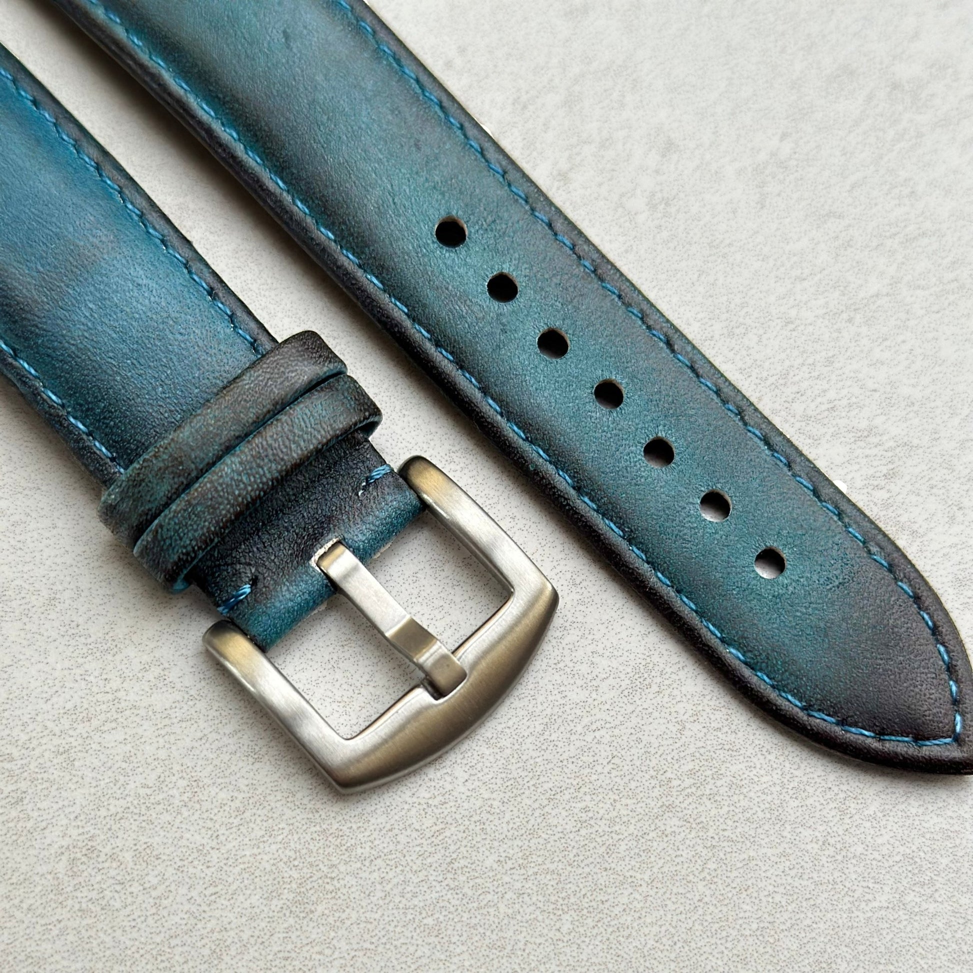 The Milan: Matured Blue Padded Leather Watch Strap - watchandstrapco