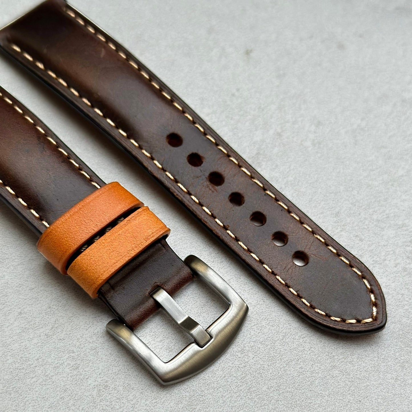 Brushed 316L stainless steel buckle on the Oxford chocolate brown full grain leather watch strap. Watch And Strap.