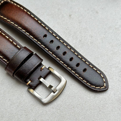 Brushed 316L stainless steel buckle on the Berlin brown full grain leather watch strap. Watch And Strap.