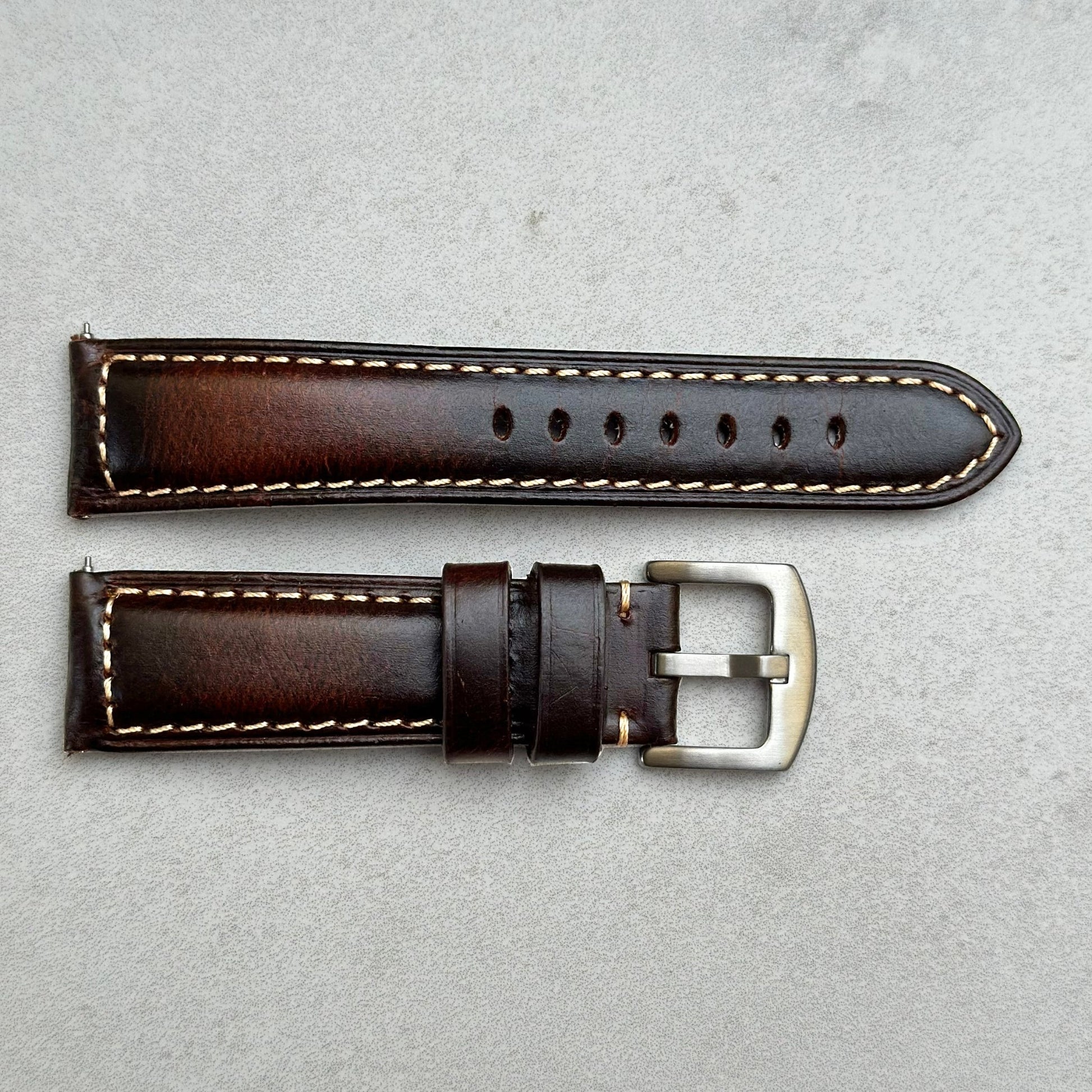 Berlin brown full grain leather watch strap. Contrast ivory stitching. 18mm, 20mm, 22mm and 24mm. Watch And Strap.