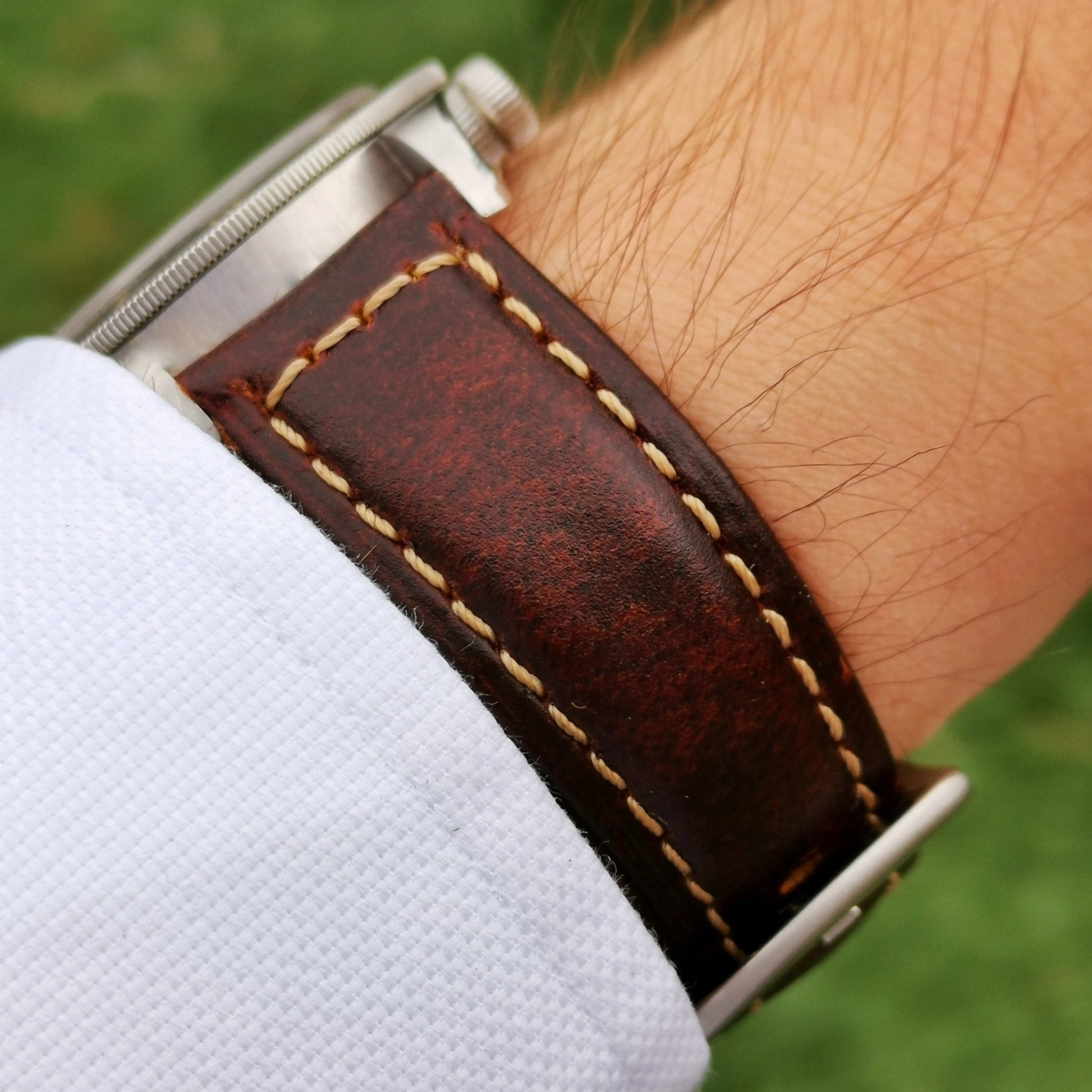 Wrist shot of the Berlin tabaco brown full grain leather watch strap. 18mm, 20mm, 22mm, 24mm. Watch And Strap.