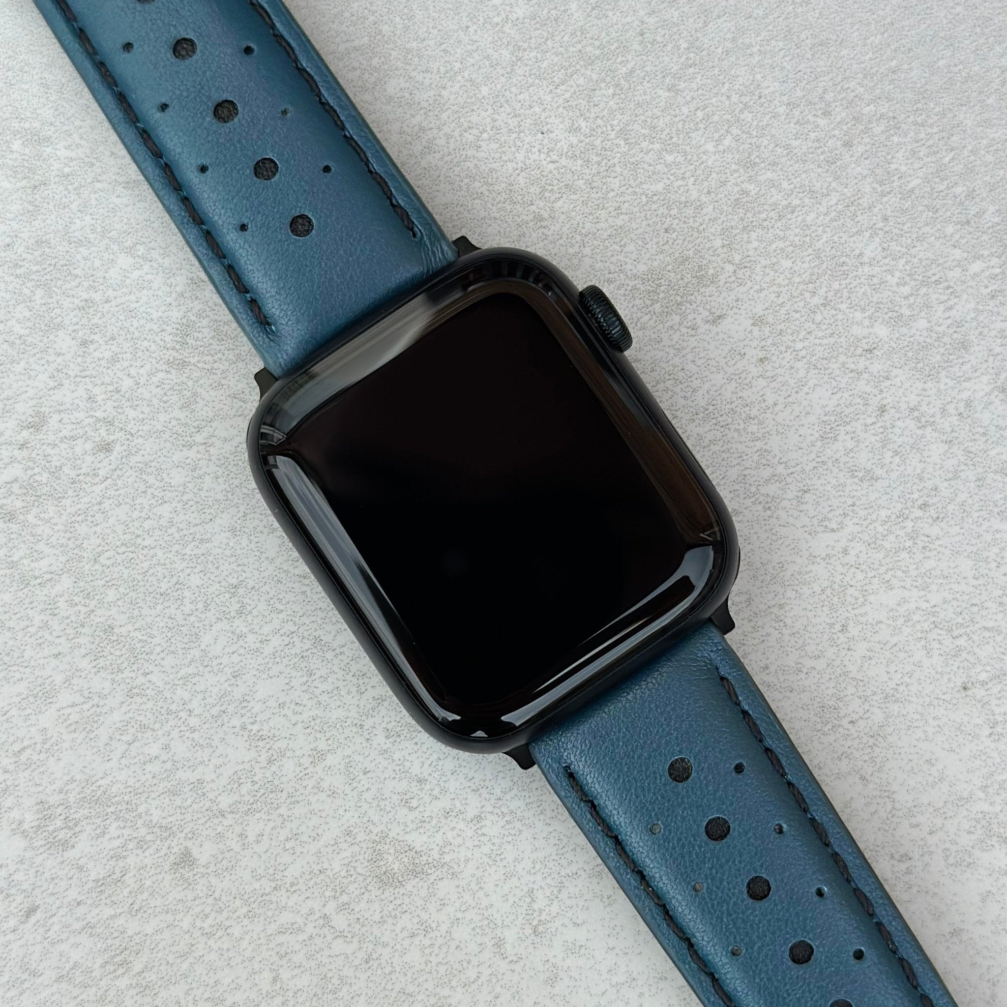 Le Mans Dark Petrol Blue and Black Leather Racing Apple Watch Strap watchandstrapco