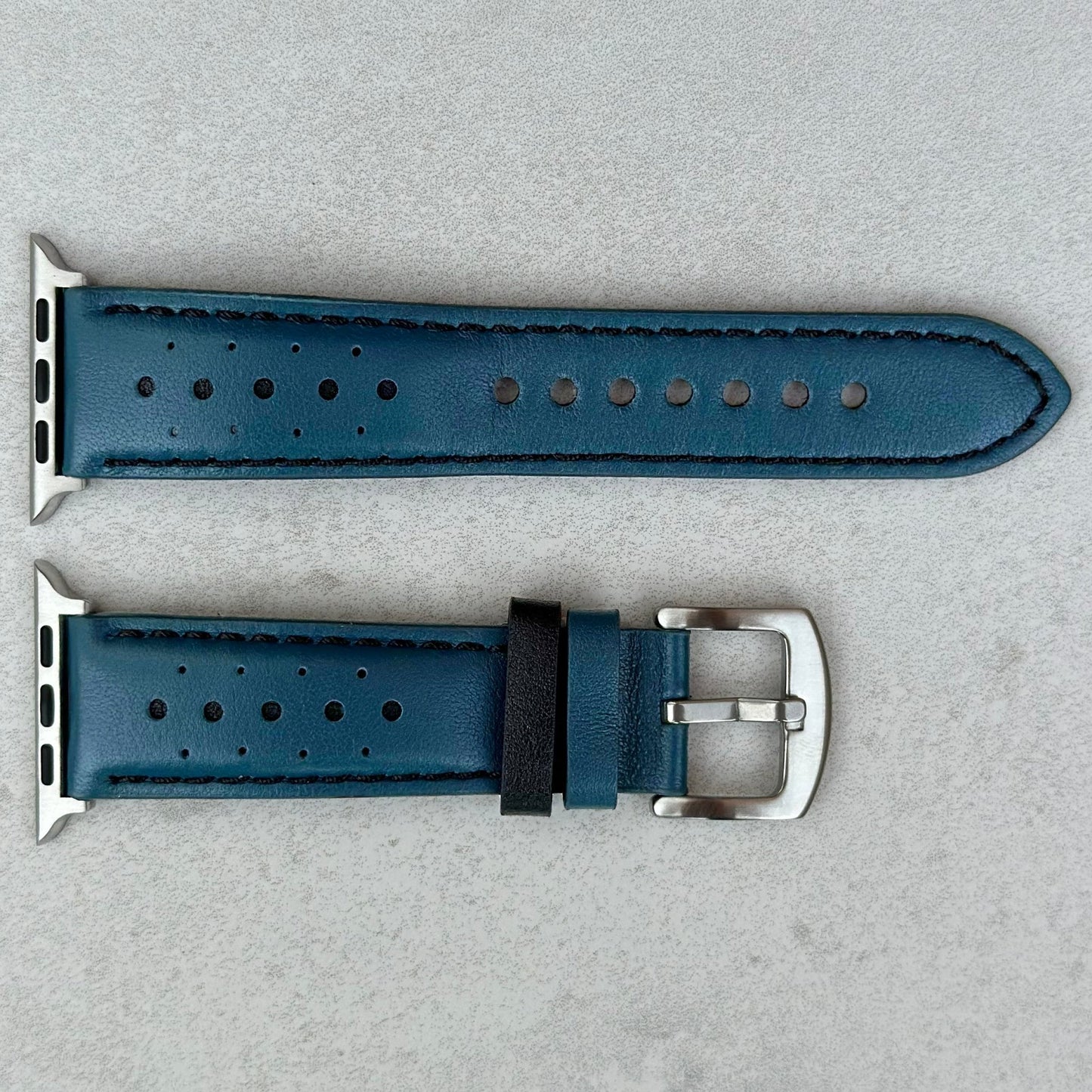 Le Mans petrol blue and black full grain leather apple watch strap. Racing watch strap. 316L stainless steel hardware.