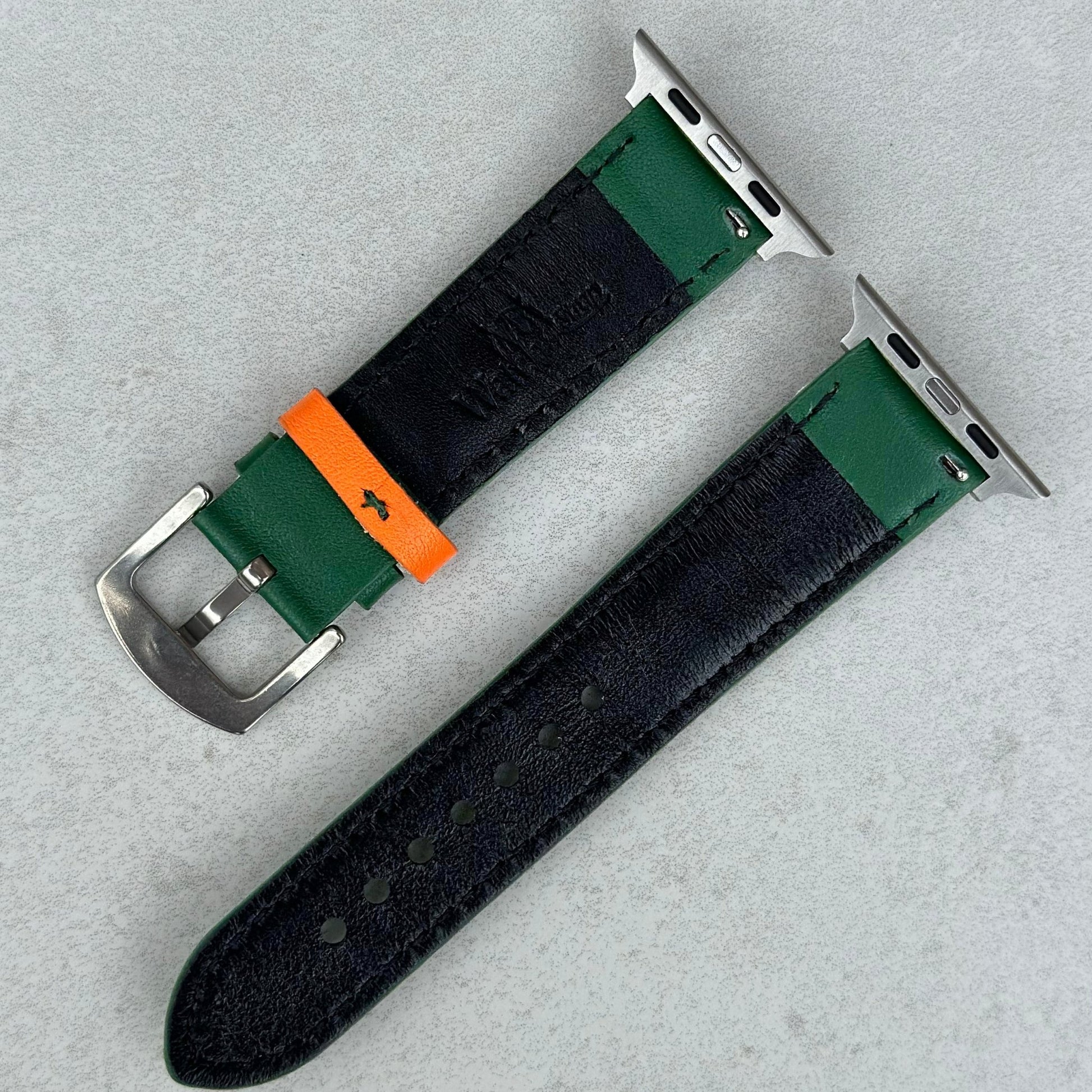 Rear of the Le Mans Green and Orange full grain leather apple watch strap. Racing apple watch strap. Watch And Strap.