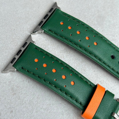 Le Mans green and orange full grain leather racing apple watch strap. Padded leather apple watch strap.