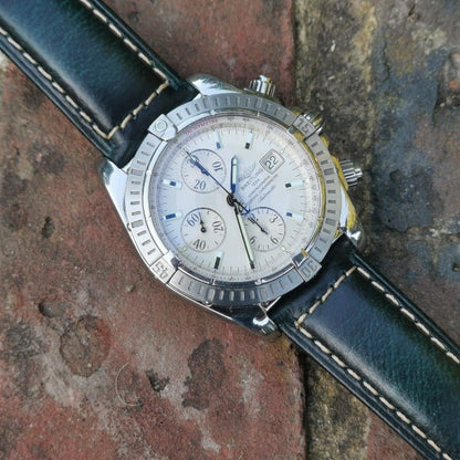 Berlin blue full grain leather watch strap on the Breitling Evolution Chronomat. Watch and Strap.