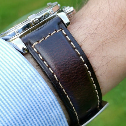 Wrist shot of the Berlin chocolate brown leather watch strap. Breitling Evolution Chronomat. Watch And Strap.