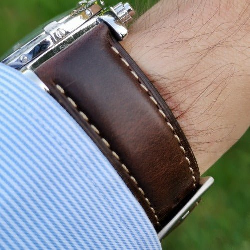 Wrist shot of the Oxford chocolate brown full grain calf  leather watch strap on the Breitling Evolution Chronomat. 