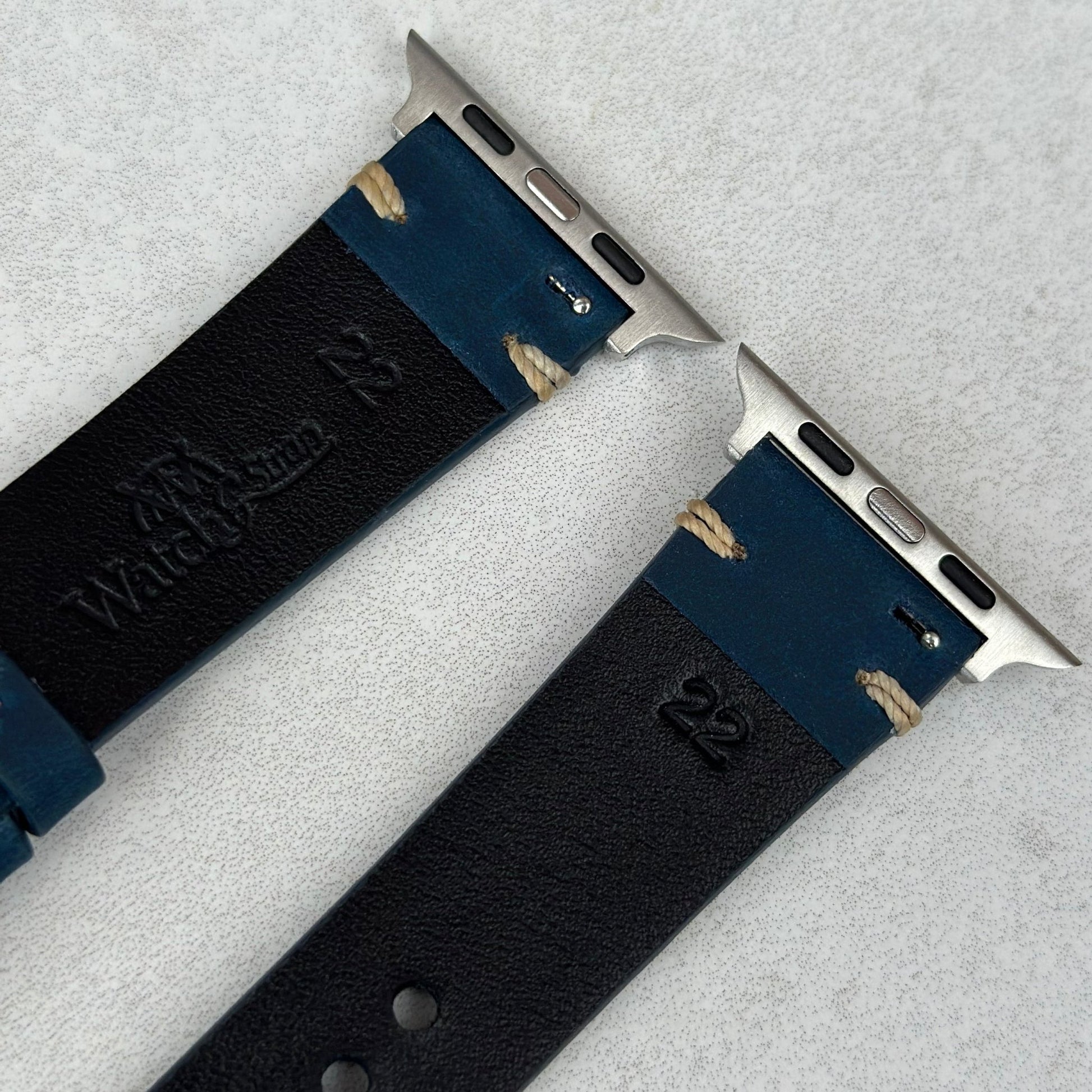 Rear top of the Madrid midnight blue full grain leather watch strap. Watch And Strap.