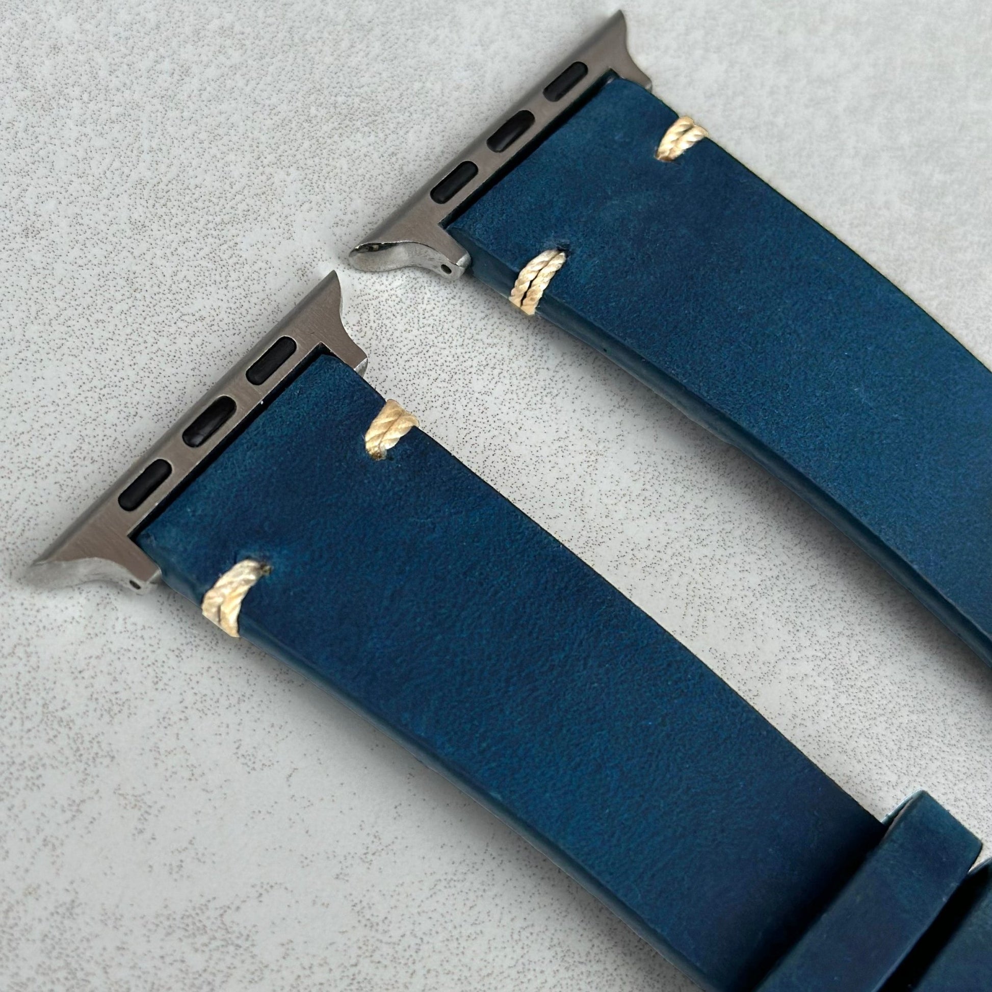 Top of the Madrid blue full grain leather Apple Watch strap. Contrast ivory stitching. Watch And Strap.