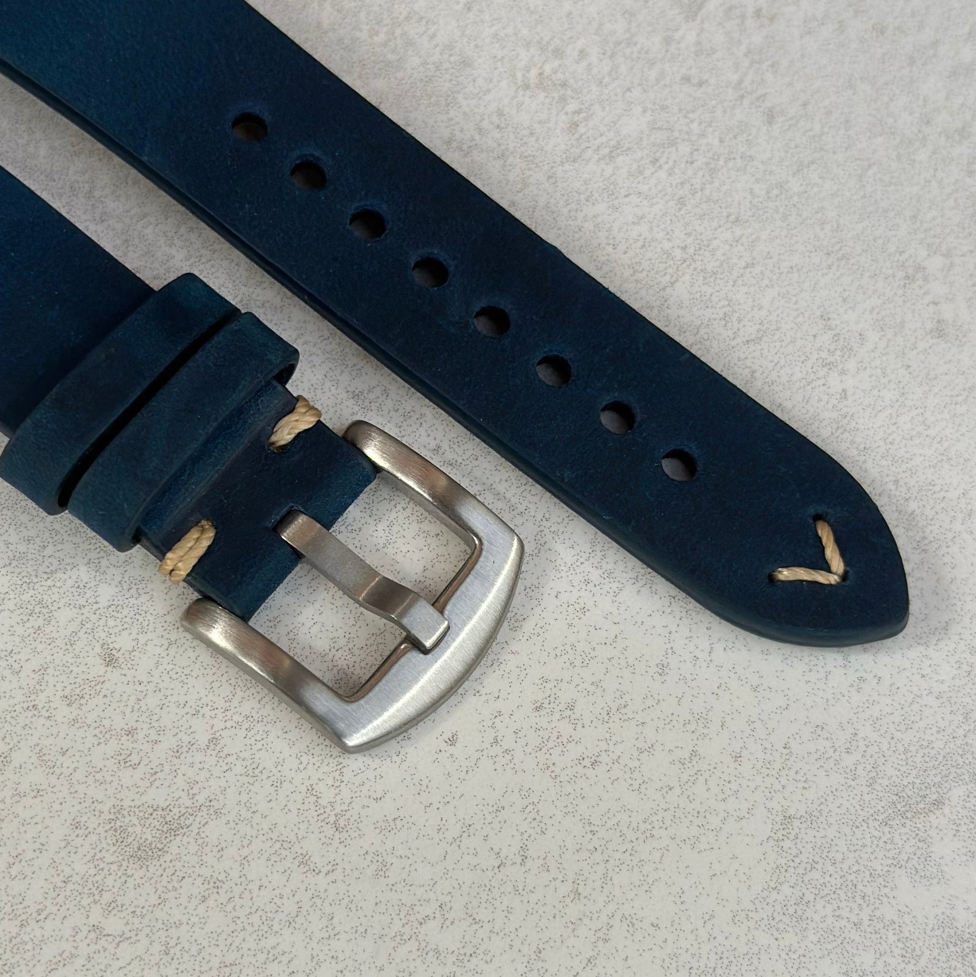 Brushed 316L stainless steel buckle on the Madrid midnight blue full grain leather watch strap. Watch And Strap.
