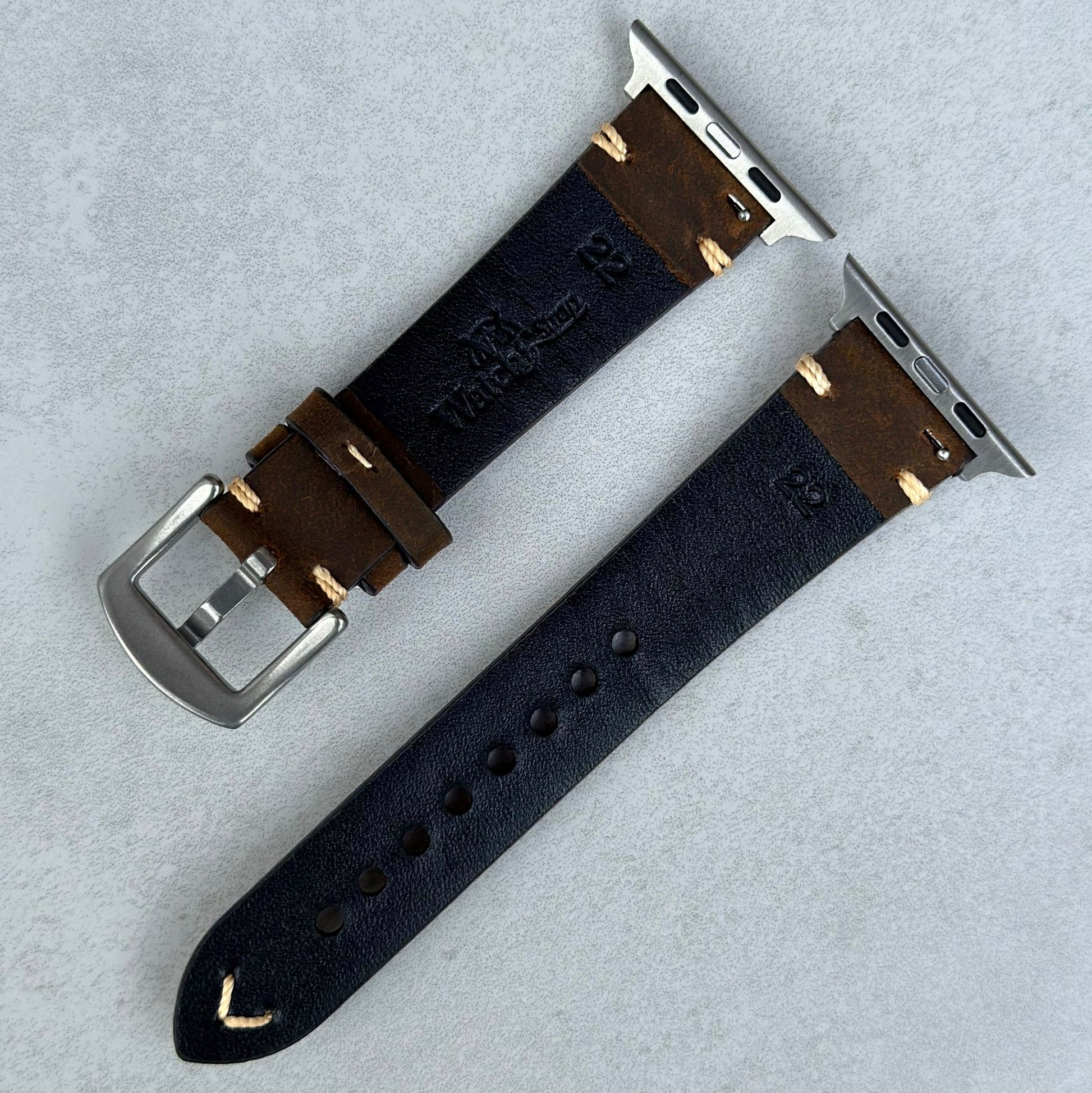 Rear of the Madrid full grain horse leather Apple Watch Strap. Watch And Strap logo. Contrast ivory stitching.