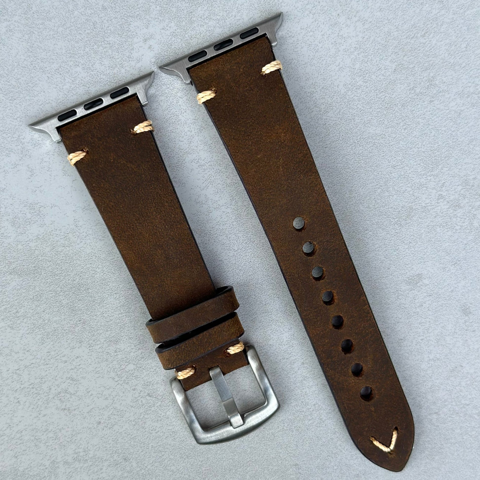 Vintage Brown Horse Leather Apple Watch Strap. Contrast stitch. Apple Watch Series 3, 4, 5, 6, 7, 8, 9, SE and Ultra.