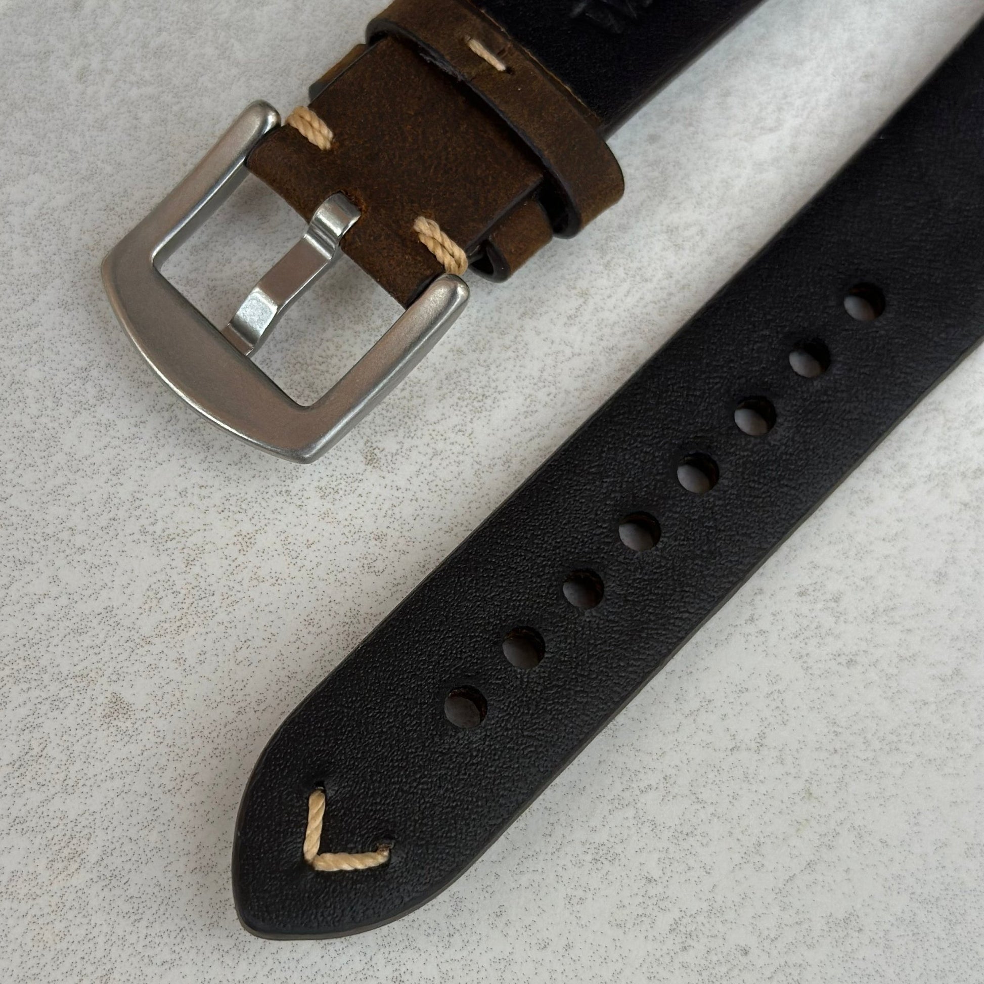 Underside rear of the Madrid chocolate brown full grain leather Apple Watch Strap. Watch And Strap.