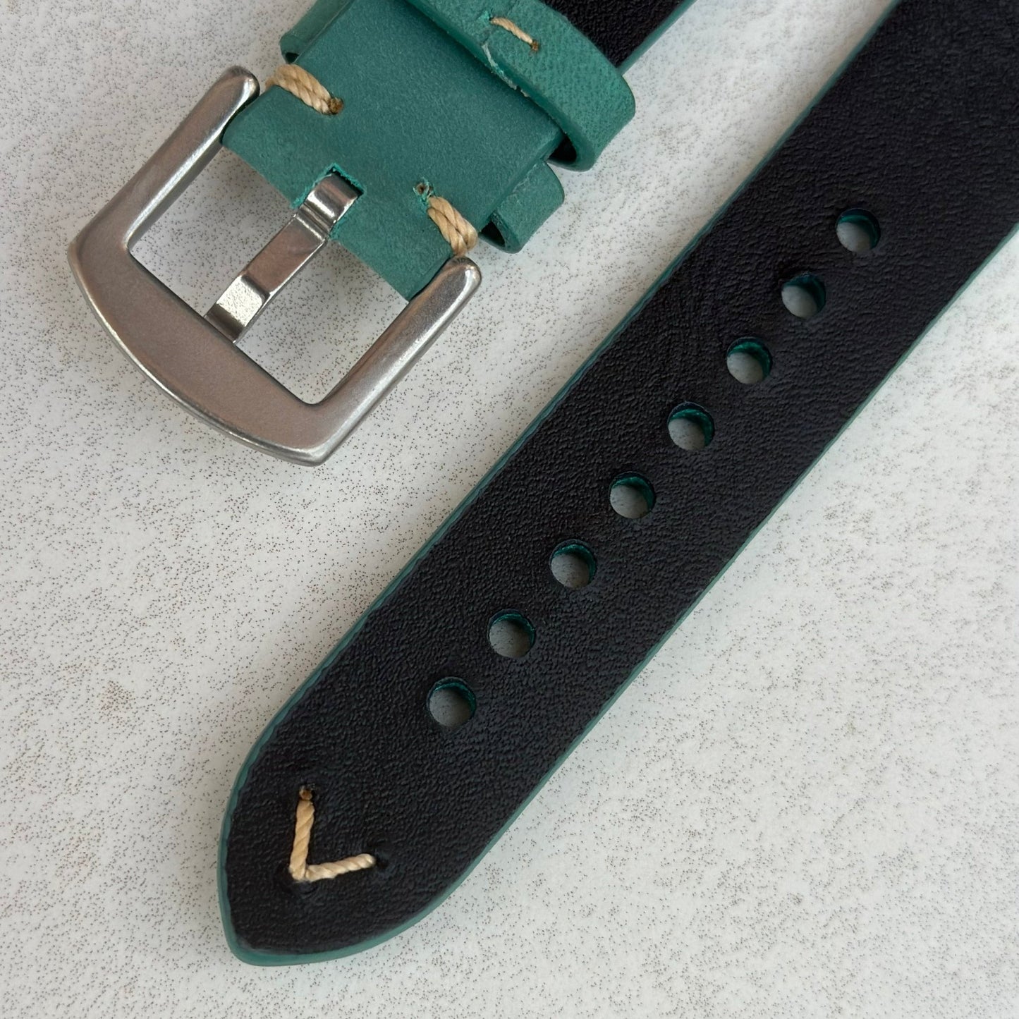 Underside of the buckle on the Madrid Caribbean blue Apple Watch strap. Watch And Strap.