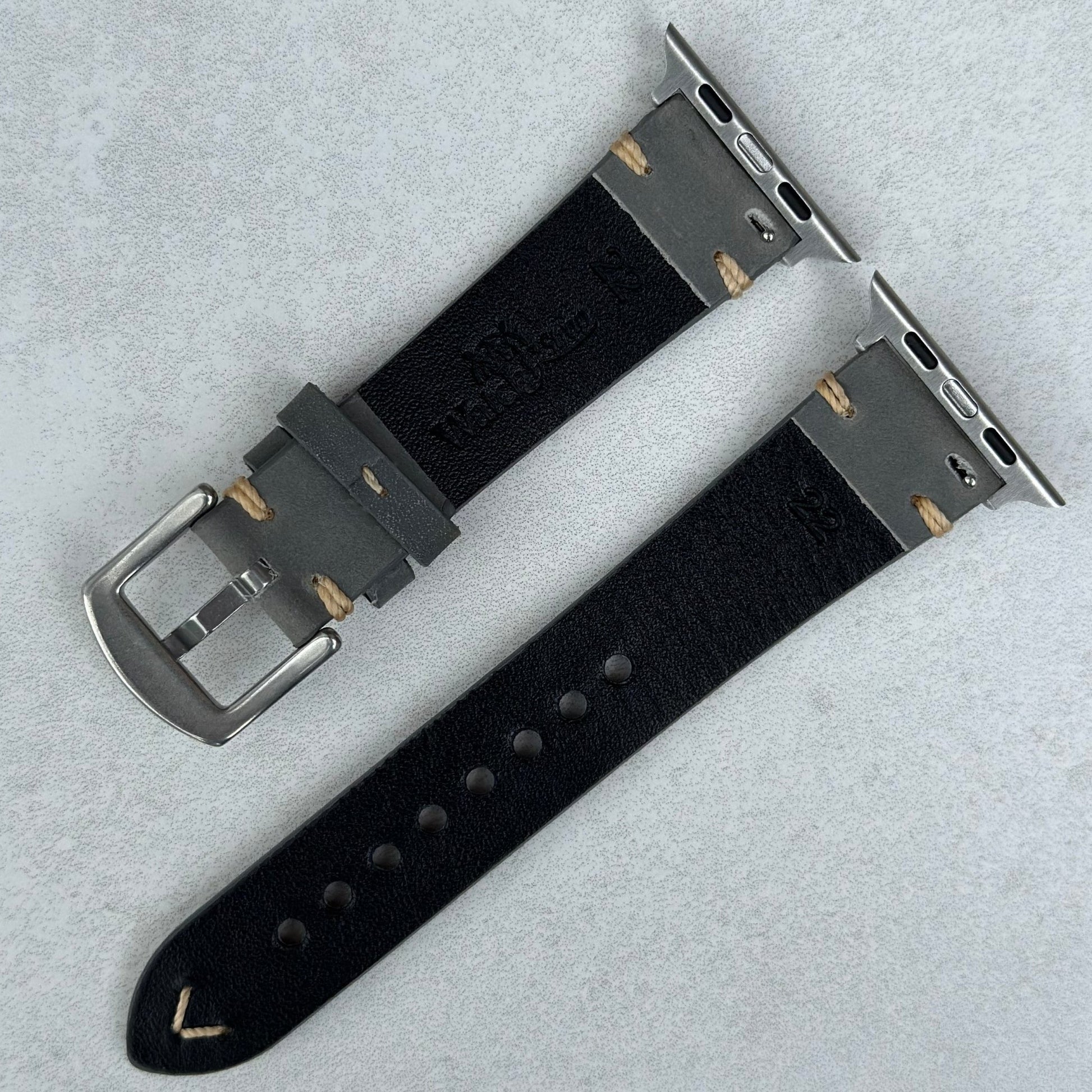 Rear of the Madrid grey horse leather watch strap. Watch And Strap logo.