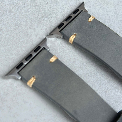 Top of the Madrid stone grey full grain leather watch strap. Contrast ivory stitching. 316L stainless steel hardware.