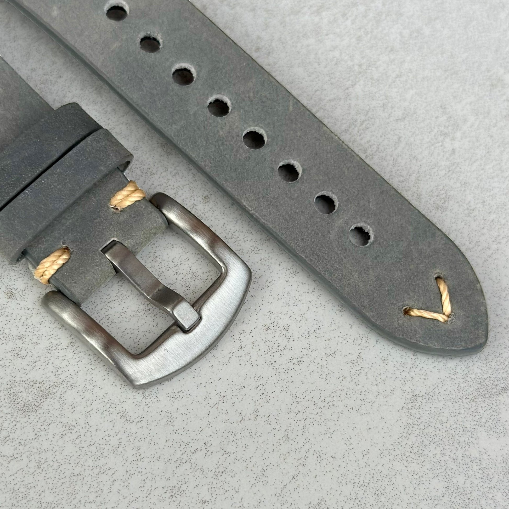 Brushed 316L stainless steel buckle on the Madrid grey horse leather Apple Watch strap. Watch And Strap.