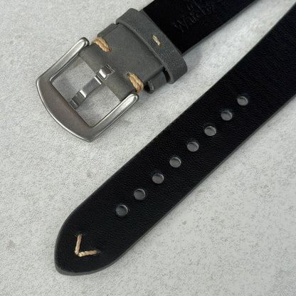 Rear of the brushed 316L stainless steel buckle on the Madrid grey full grain leather Apple Watch strap. Watch And Strap