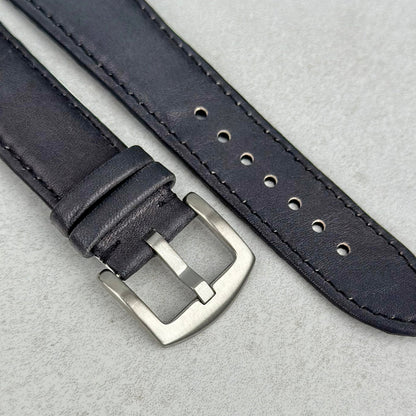 Brushed 316L stainless steel buckle on the Milan black full grain leather watch strap.