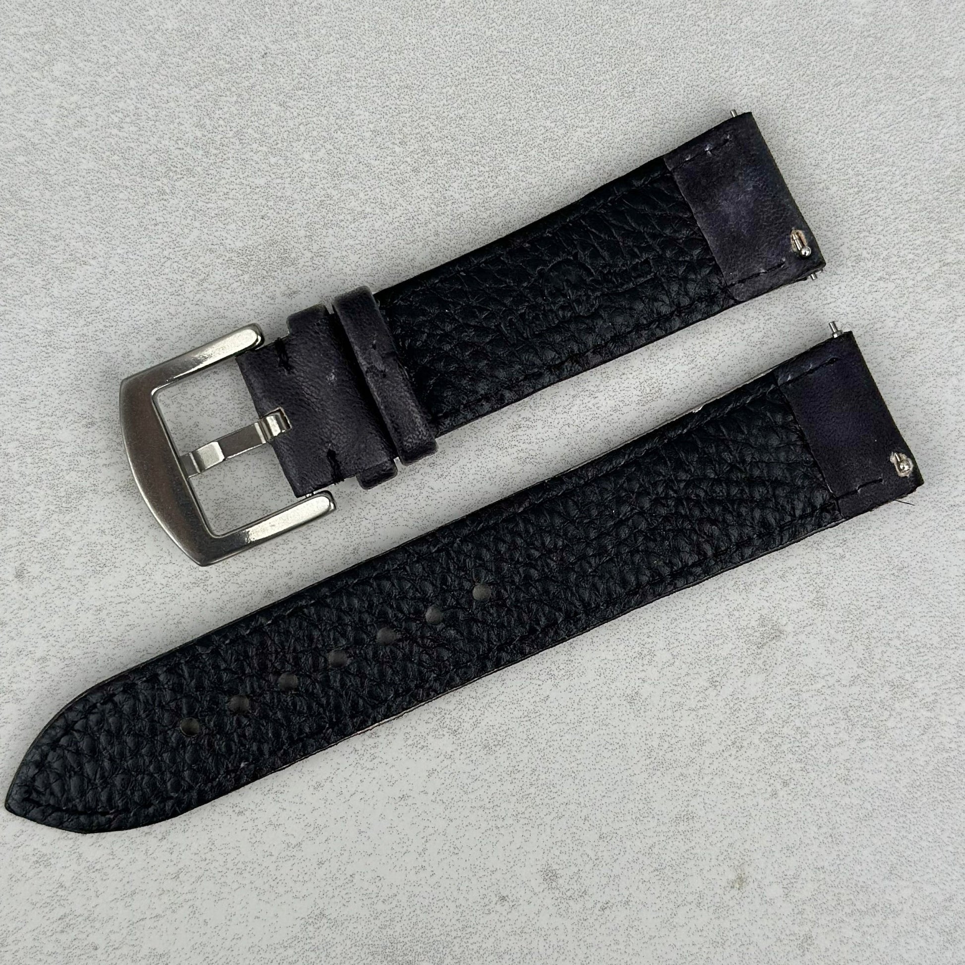 Underside of the Milan black vegetable tanned leather watch strap.