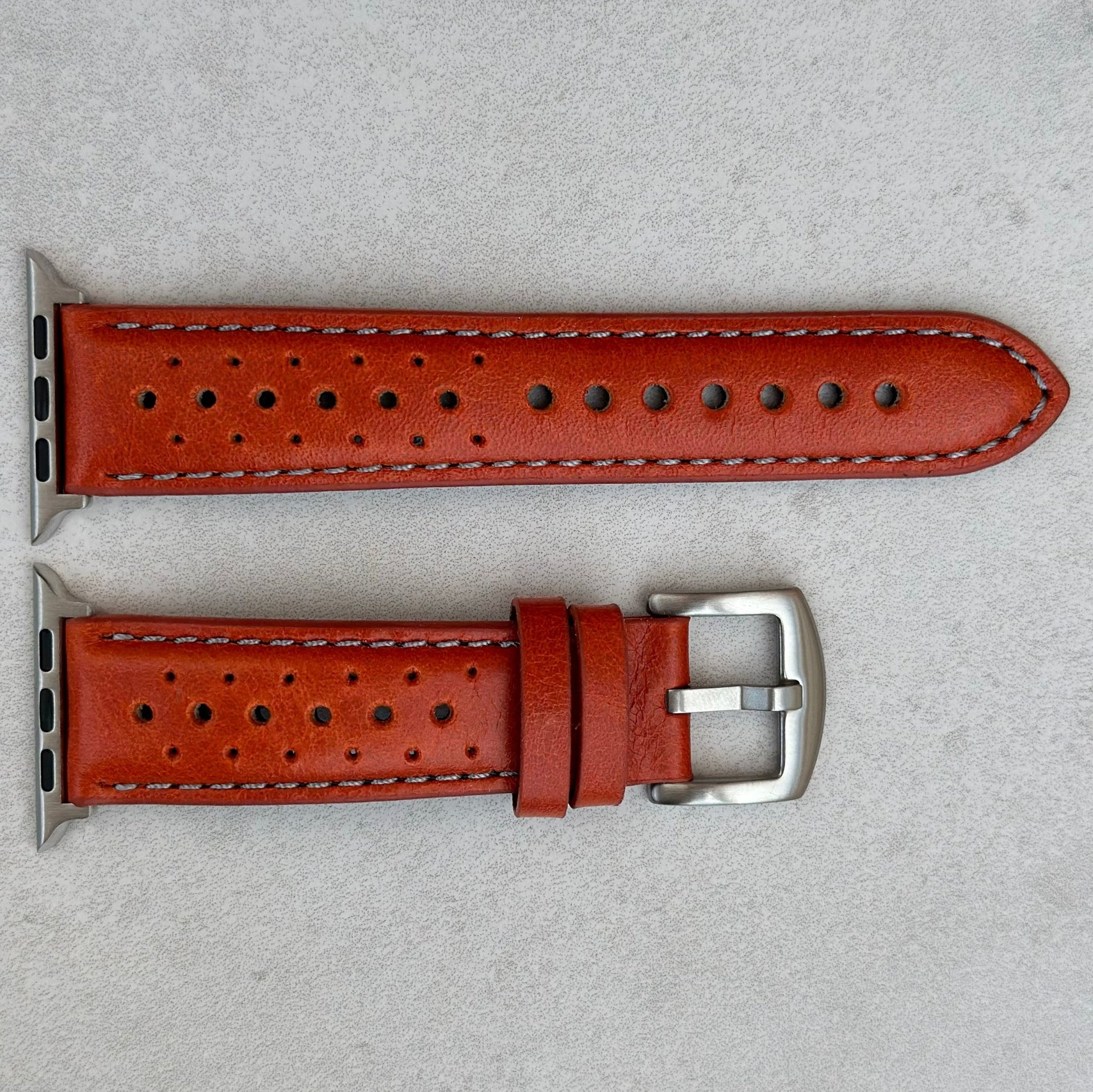 Montecarlo orange perforated leather watch strap. Contrast grey stitching. Apple Watch Series 3, 4, 5, 6, 7, 8, 9, SE, Ultra.