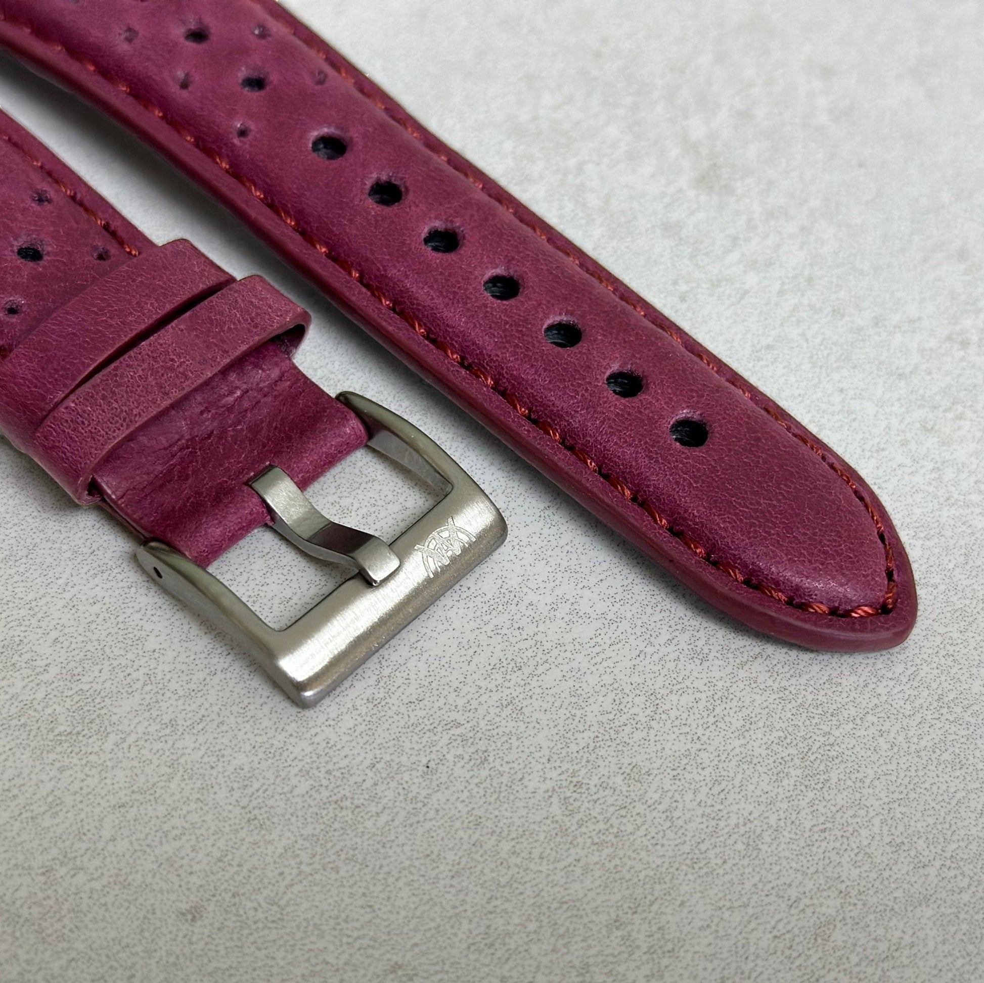 Brushed 316L stainless steel buckle on the Montecarlo purple full grain leather rally Apple Watch strap. Watch And Strap