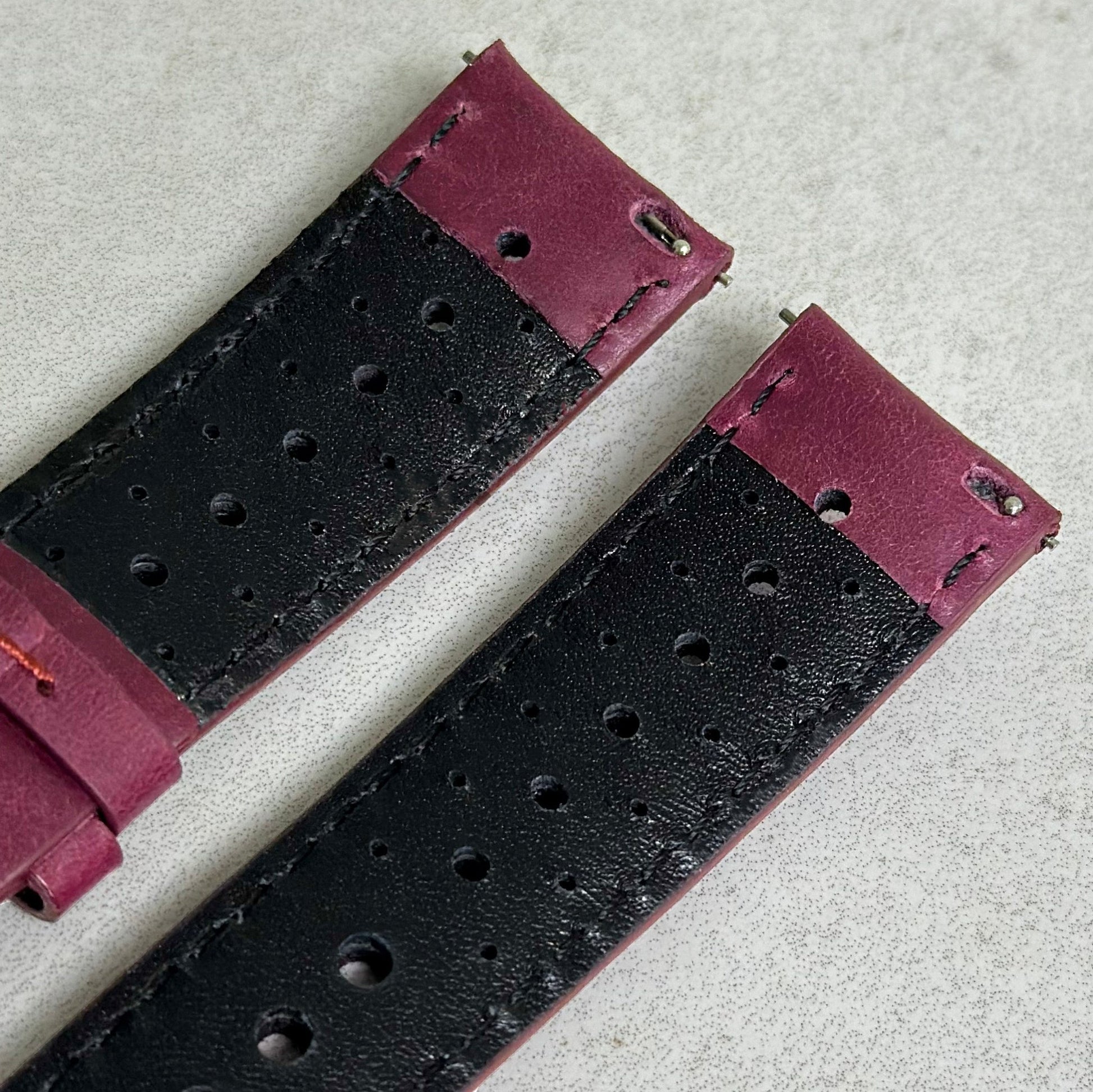 Quick release pins on the Montecarlo plum purple full grain leather watch strap. Watch And Strap
