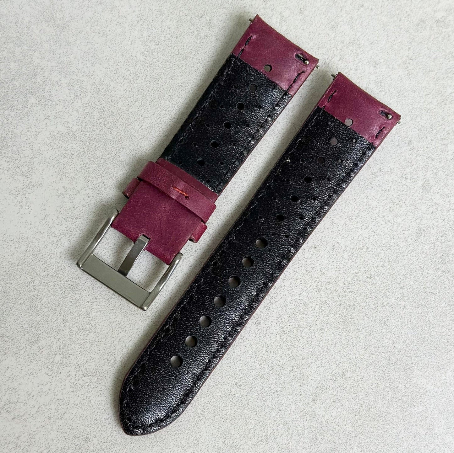 Rear of the Montecarlo plum purple perforated leather watch strap. Quick release pins. Watch And Strap.