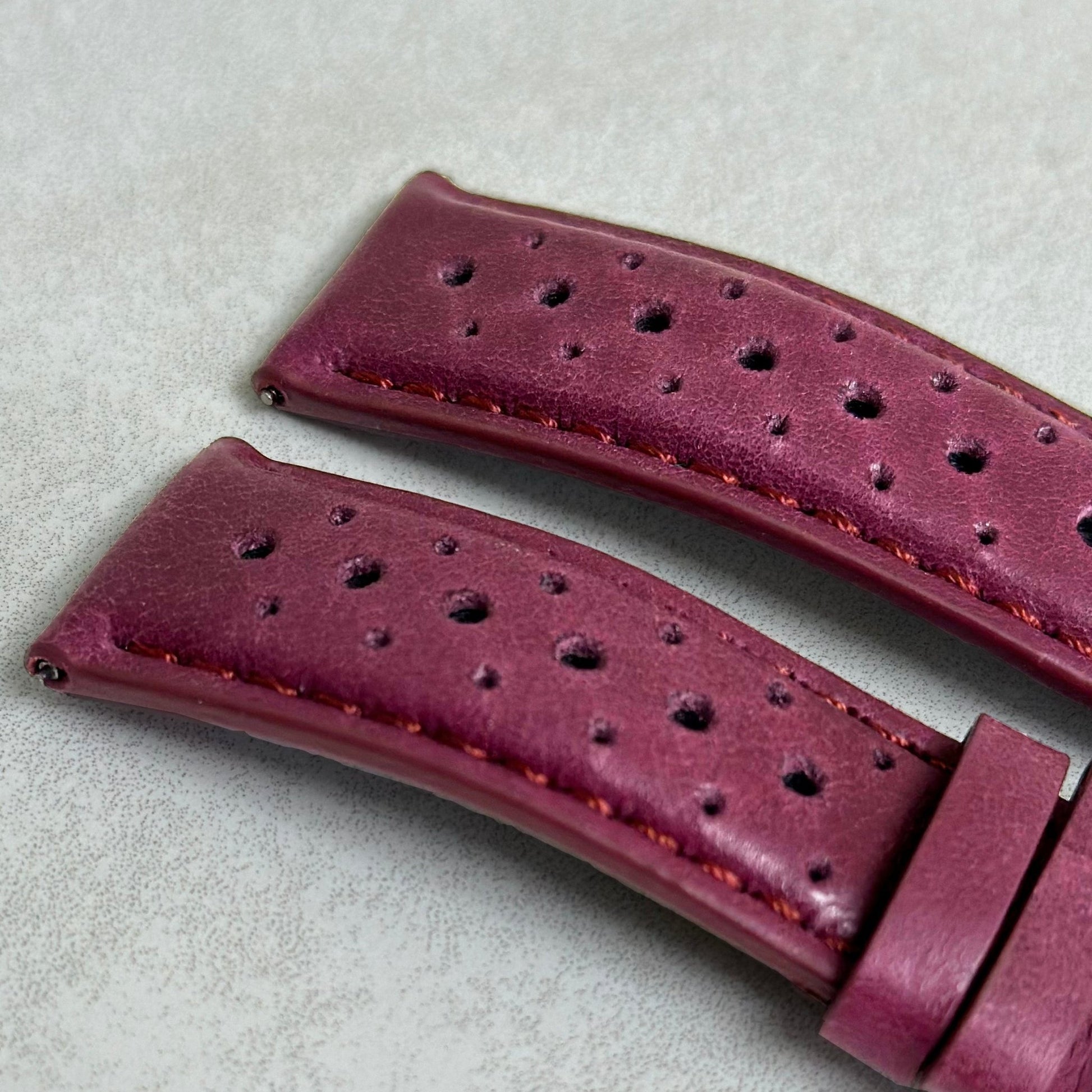 Top of the Montecarlo plum purple full grain leather watch strap. Perforated leather. Watch And Strap.