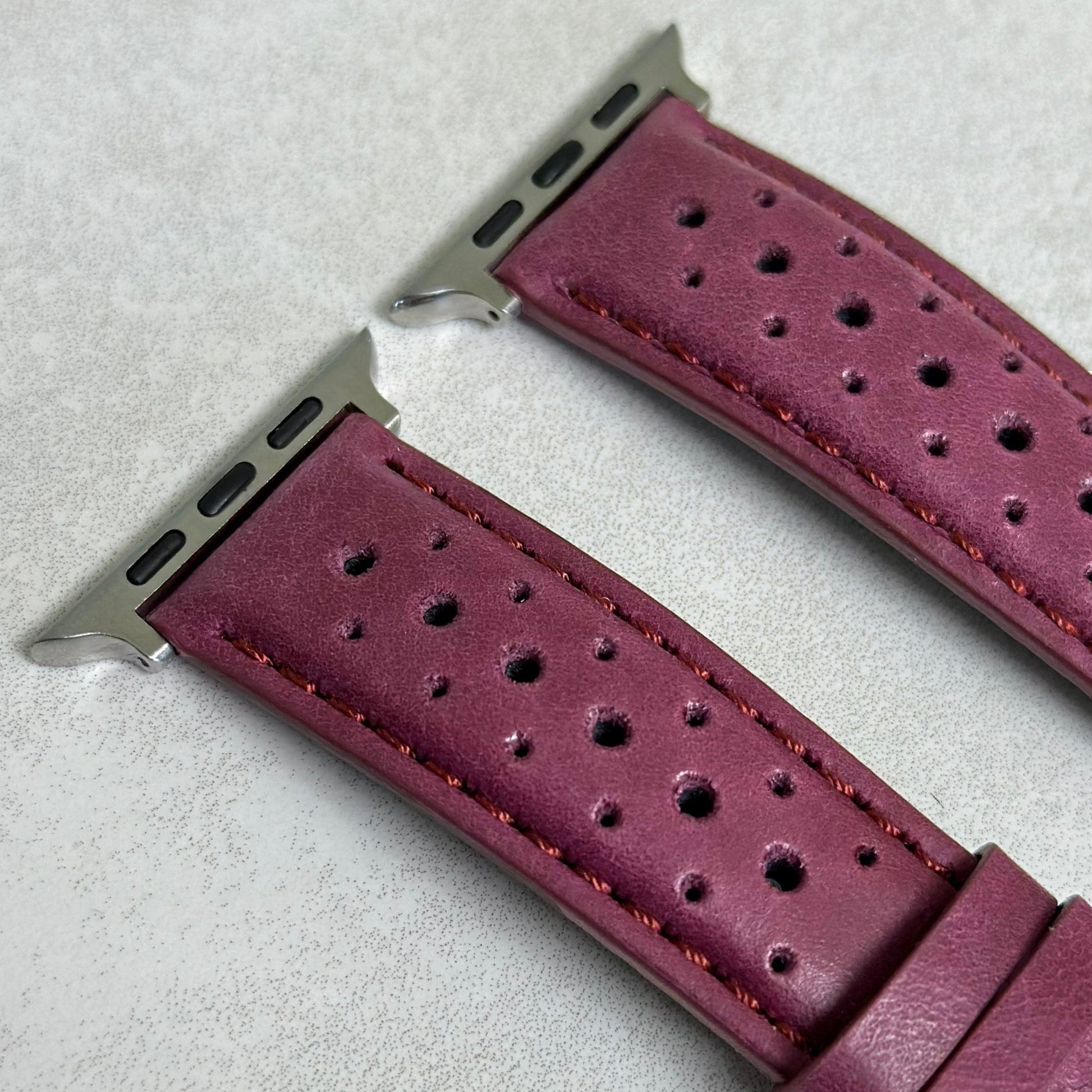 Top of the Montecarlo purple vintage rally Apple Watch strap. Perforated leather. 316L stainless steel Apple Watch connectors