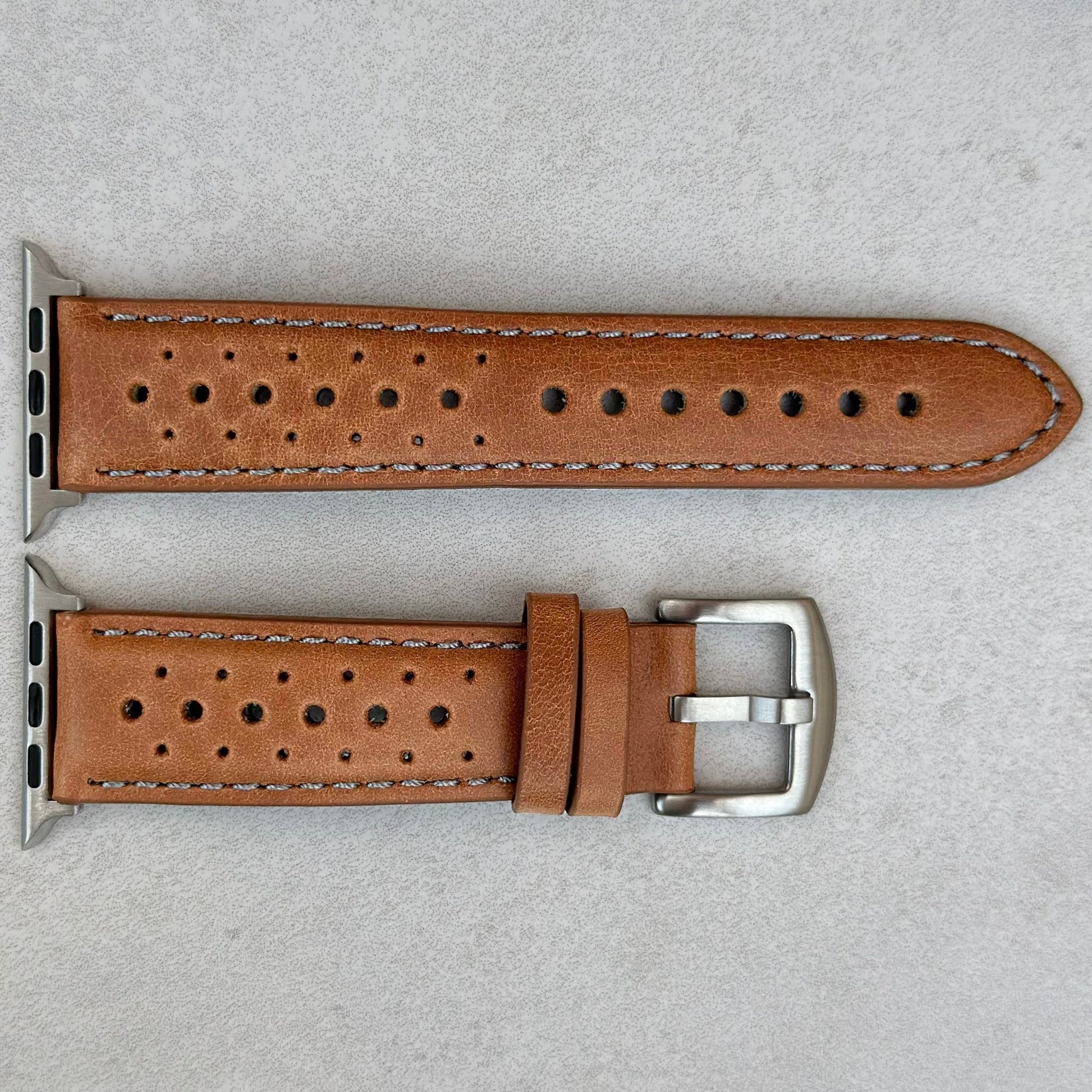 Montecarlo tan full grain leather Apple Watch strap. Contrast grey stitching. Watch And Strap