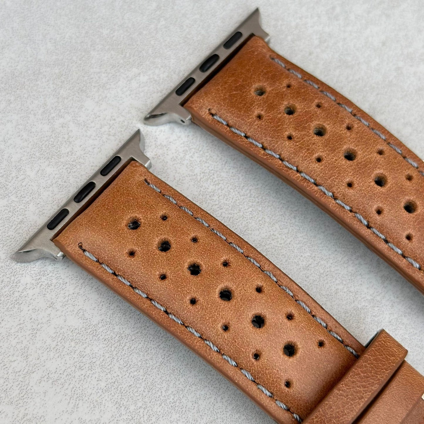 Top of the Montecarlo tan vintage rally Apple Watch Strap. Contrast grey stitching. Watch And Strap