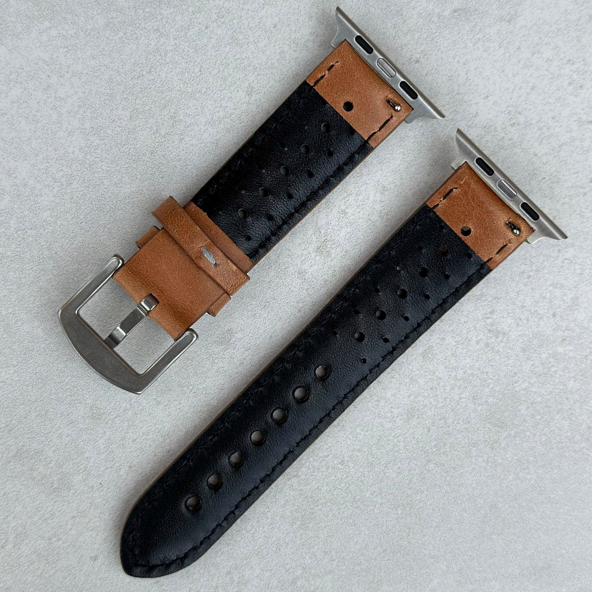 Rear of the Montecarlo tan full grain leather Apple Watch strap. Perforated leather Apple Watch strap. Watch And Strap
