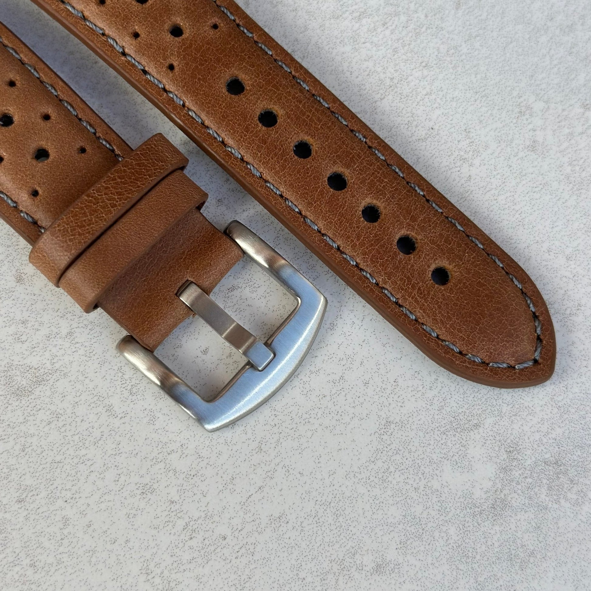 Brushed 316L stainless steel buckle on the Montecarlo tan full grain leather rally strap. Watch And Strap