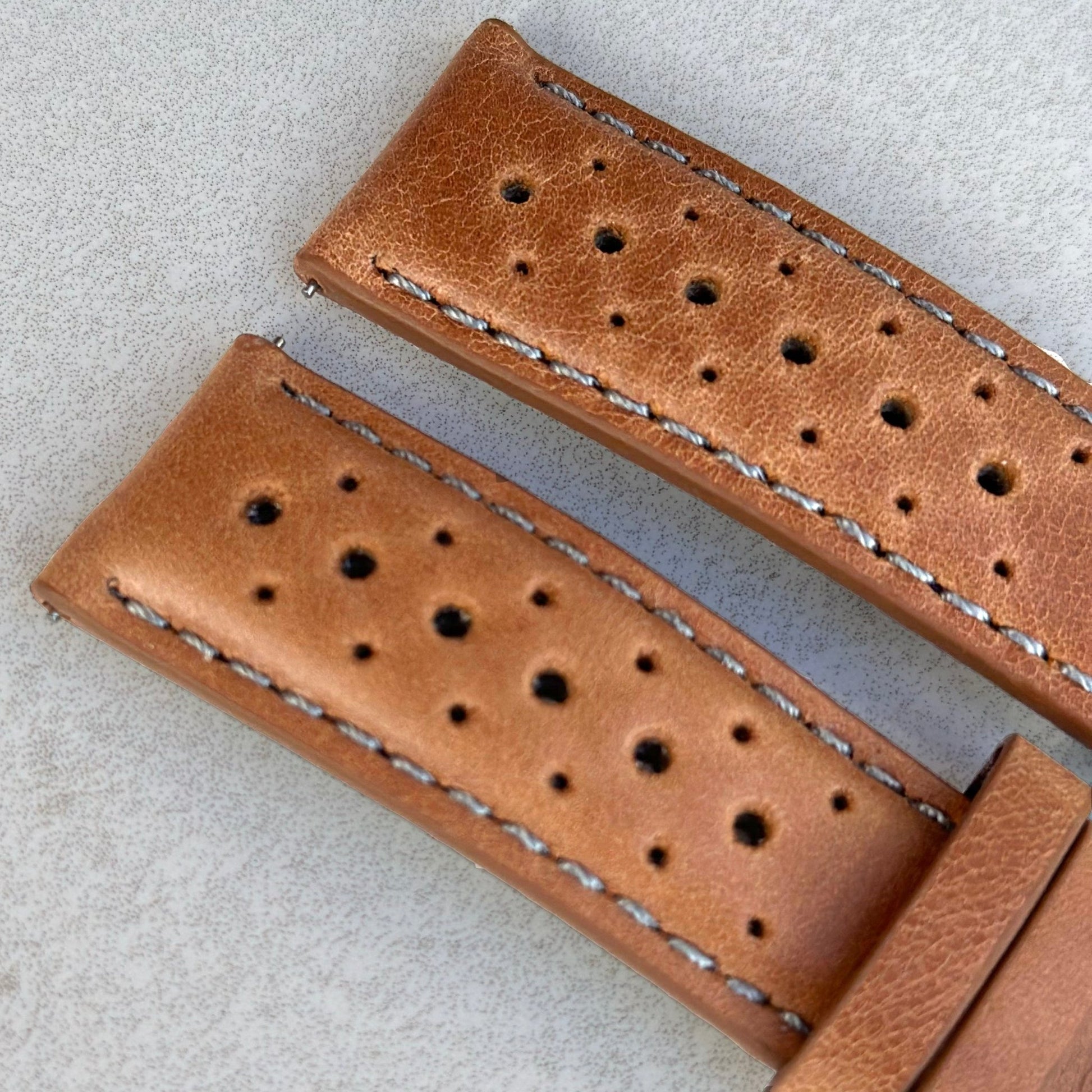 Top of the vintage tan perforated leather watch strap. Contrast grey stitching. Watch And Strap. 18mm, 20mm, 22mm, 24mm.