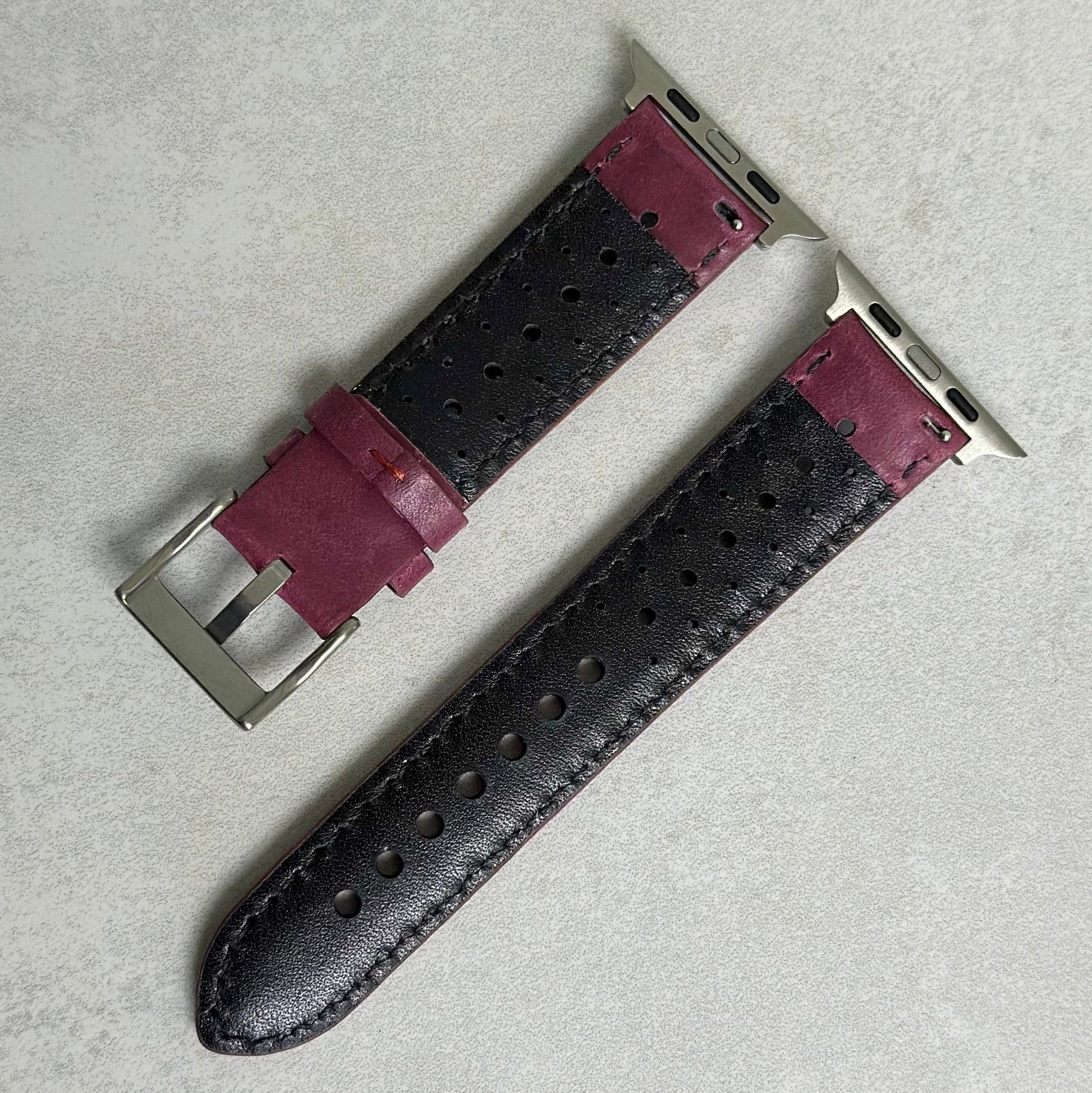 Rear of the Montecarlo purple rally Apple Watch strap. Watch And Strap