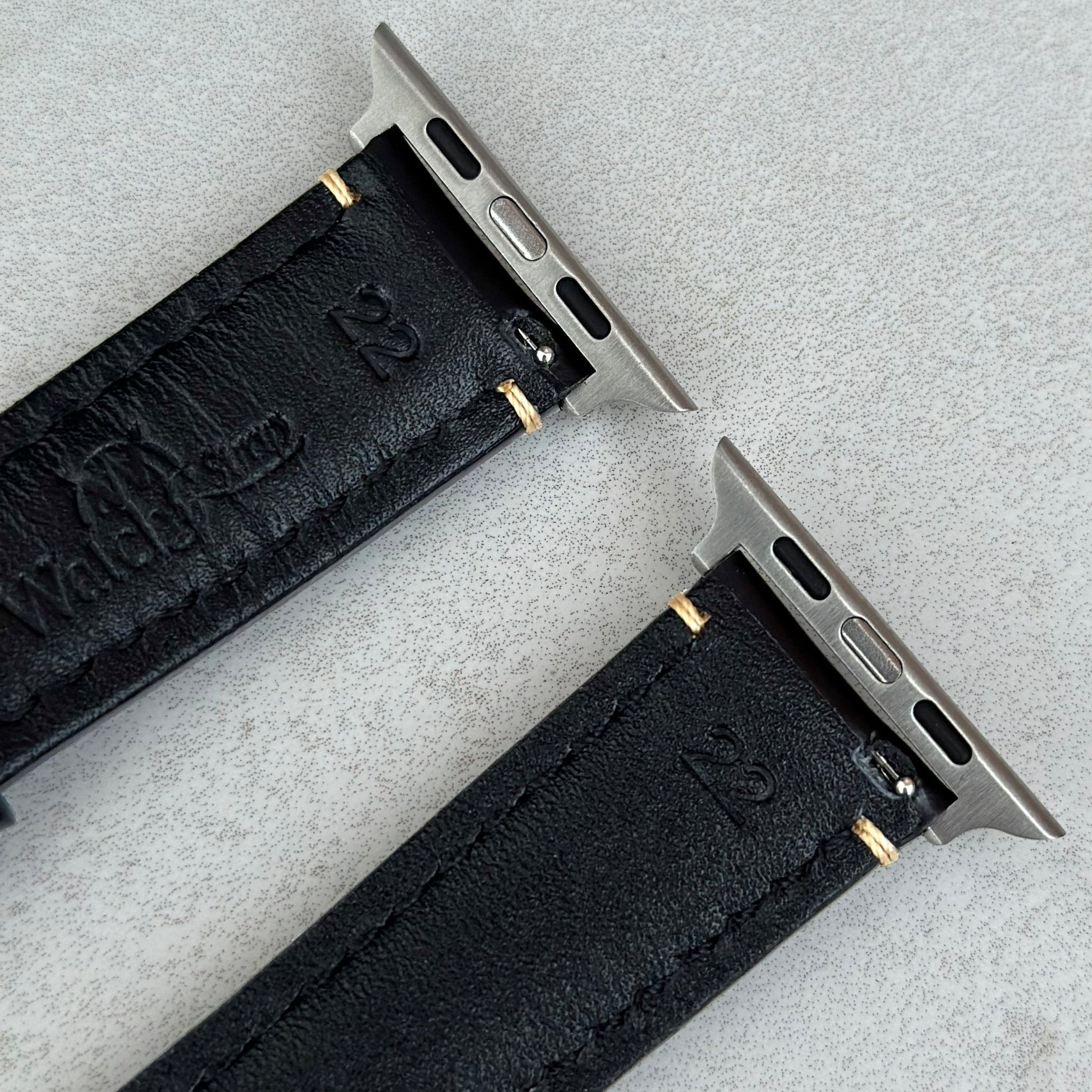 Rear top of the Oslo black full grain leather Apple Watch strap. Watch And Strap