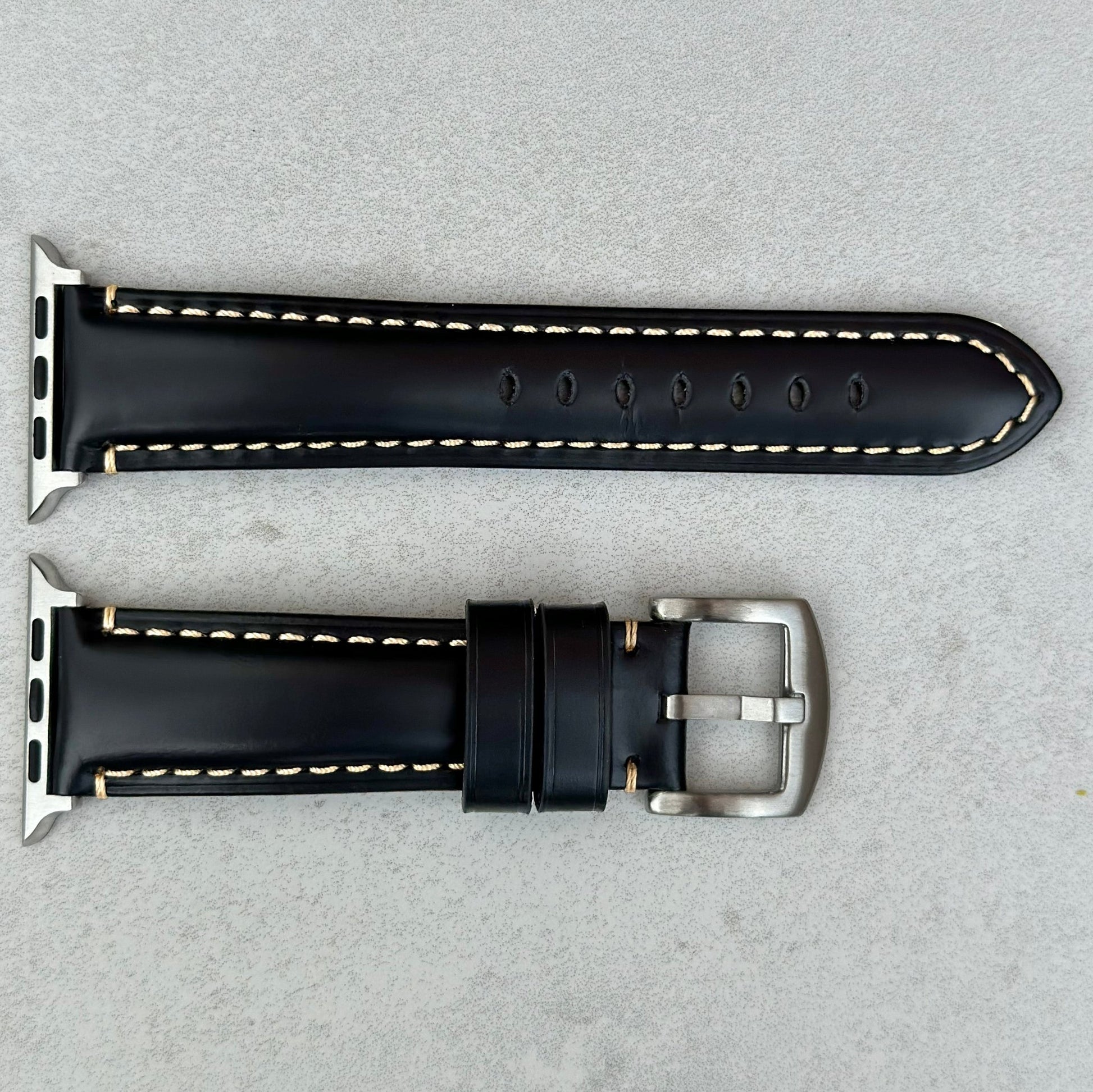 Oslo black full grain leather watch strap. Contrast ivory stitching. Watch And Strap.