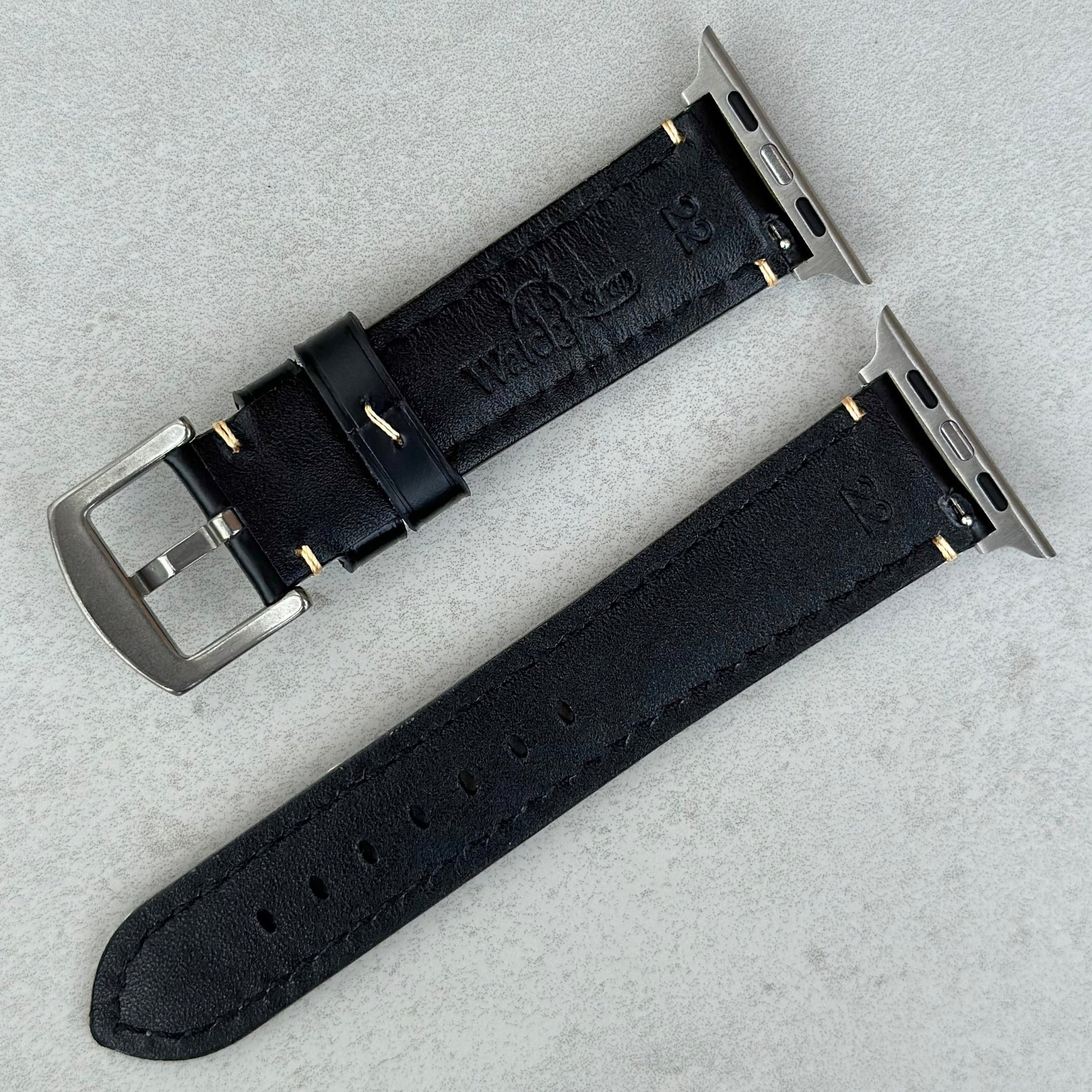 Rear of the Oslo black full grain leather Apple Watch strap. Apple Watch series 3, 4, 5, 6, 7, 8, 9, SE and Ultra.