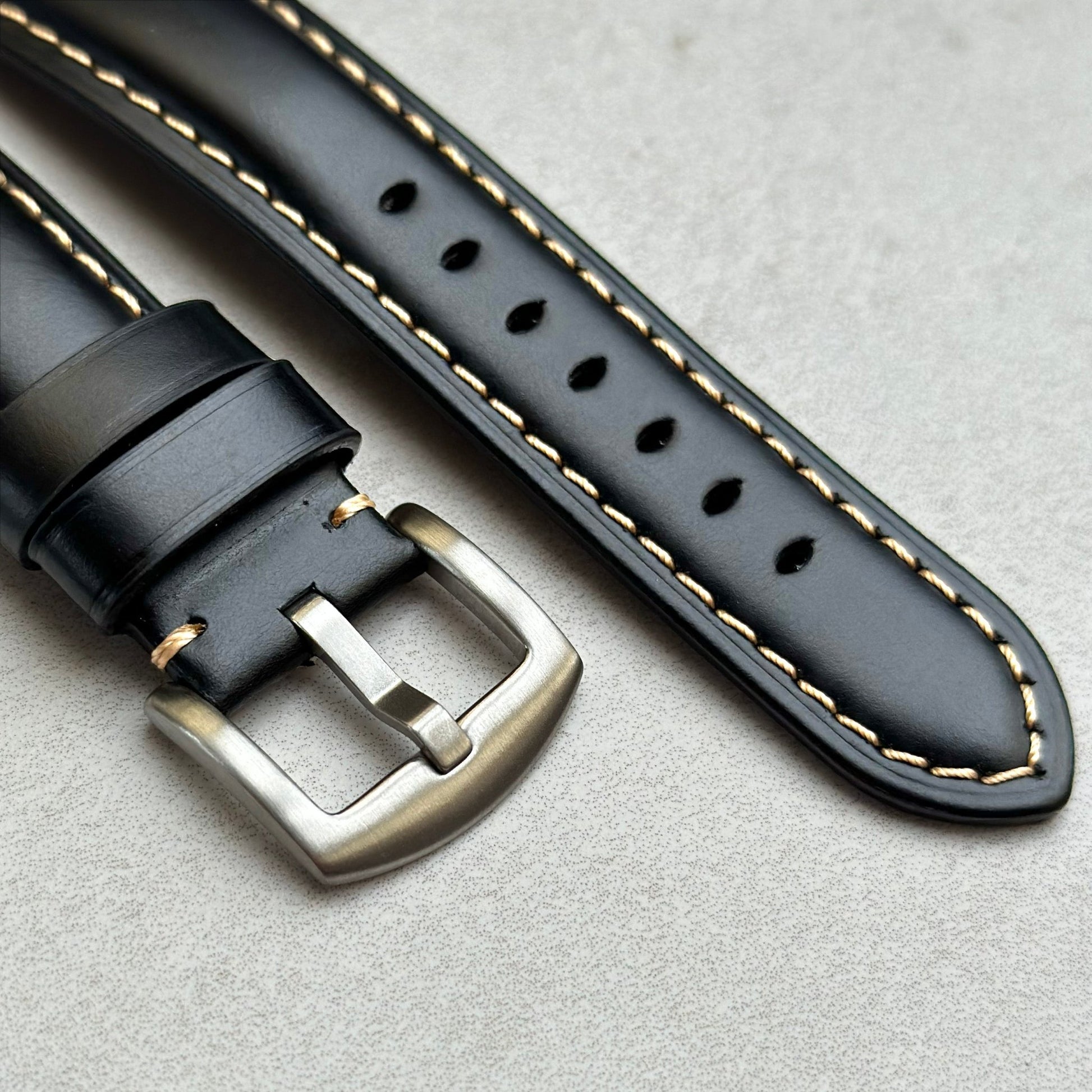 Brushed 316L stainless steel buckle on the Oslo black full grain leather watch strap. Watch And Strap.