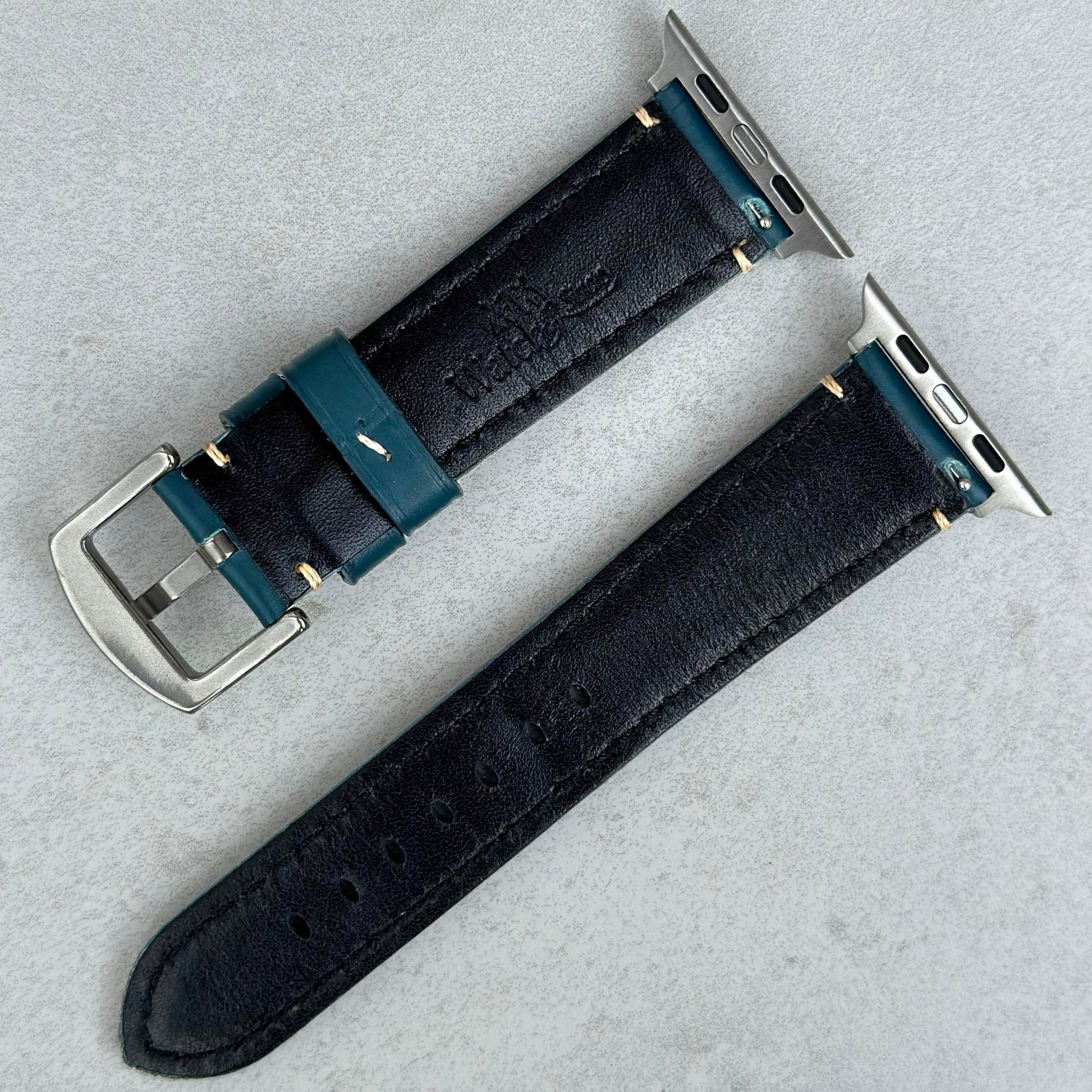 Rear of the Oslo blue full grain leather watch strap. Watch And Strap logo. Black sweat resistant leather.