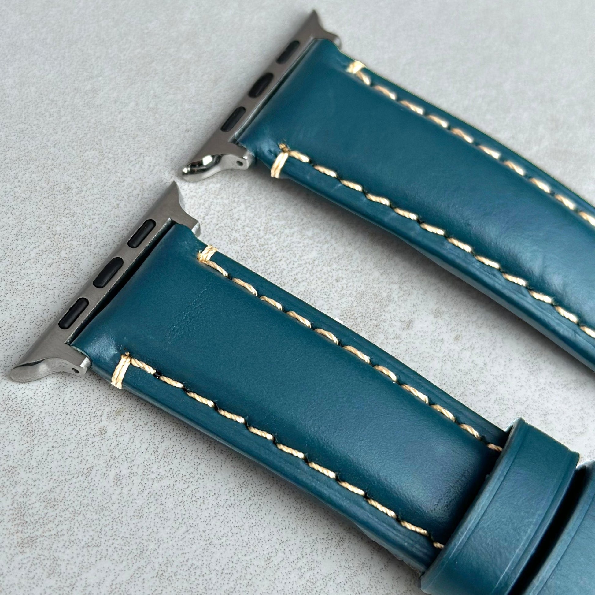 Top of the Oslo blue full grain leather watch strap. Padded leather watch strap. Contrast ivory stitching. Watch And Strap.